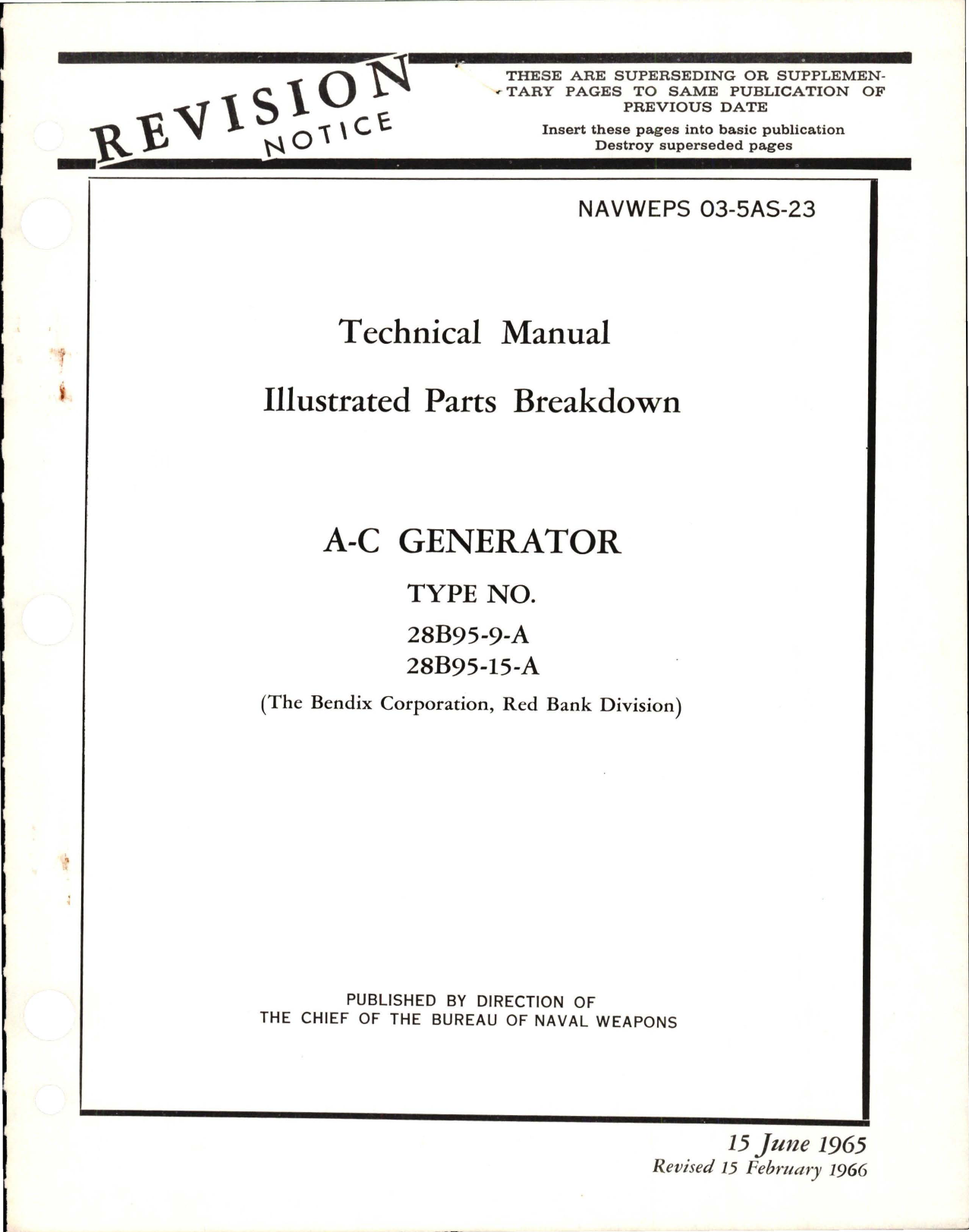 Sample page 1 from AirCorps Library document: Revision to Illustrated Parts Breakdown for AC Generator - Types 28B95-9-A and 28B95-15-A 