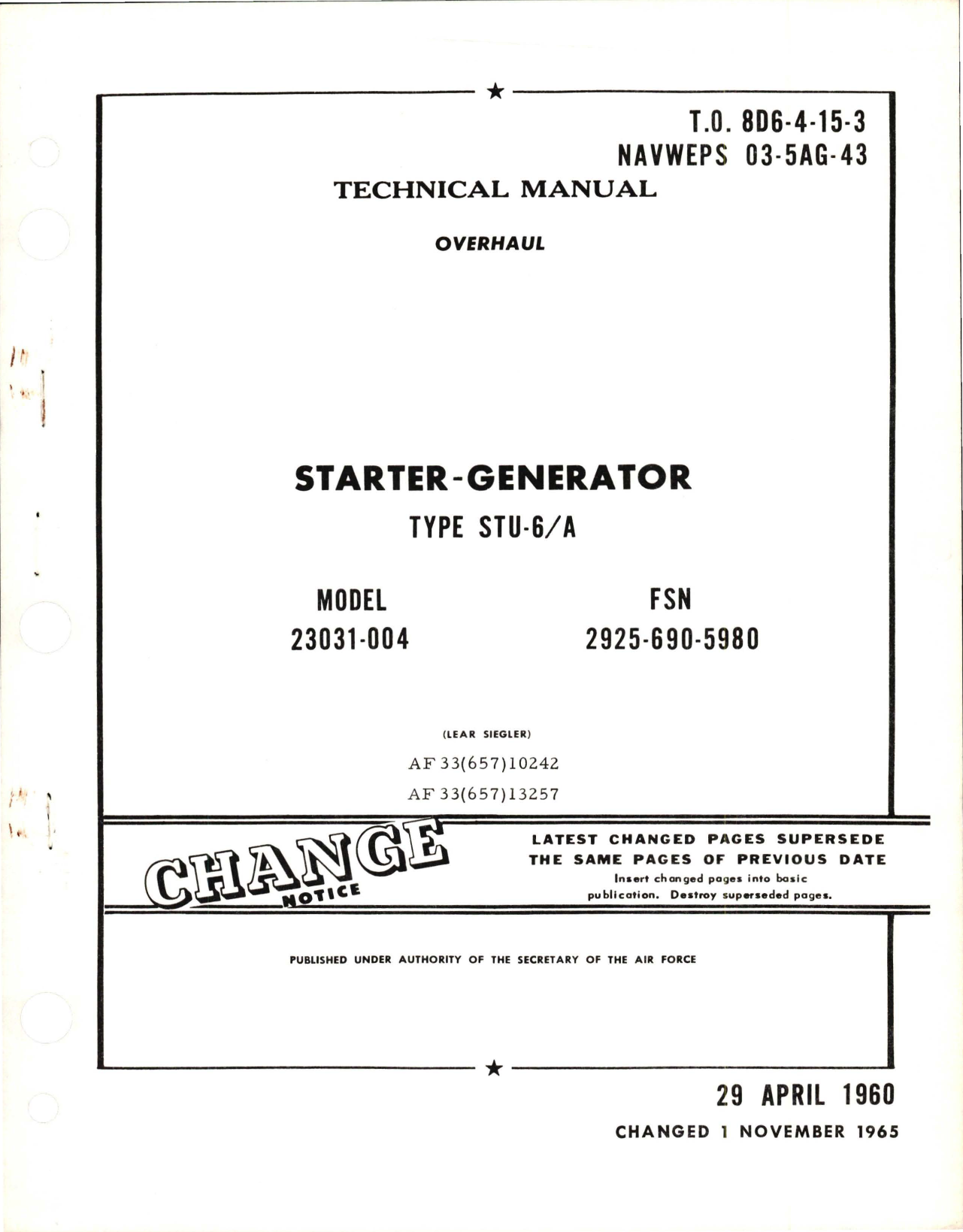 Sample page 1 from AirCorps Library document: Change Notice to Overhaul for Starter Generator - Type STU-9-A - Model 23031-004