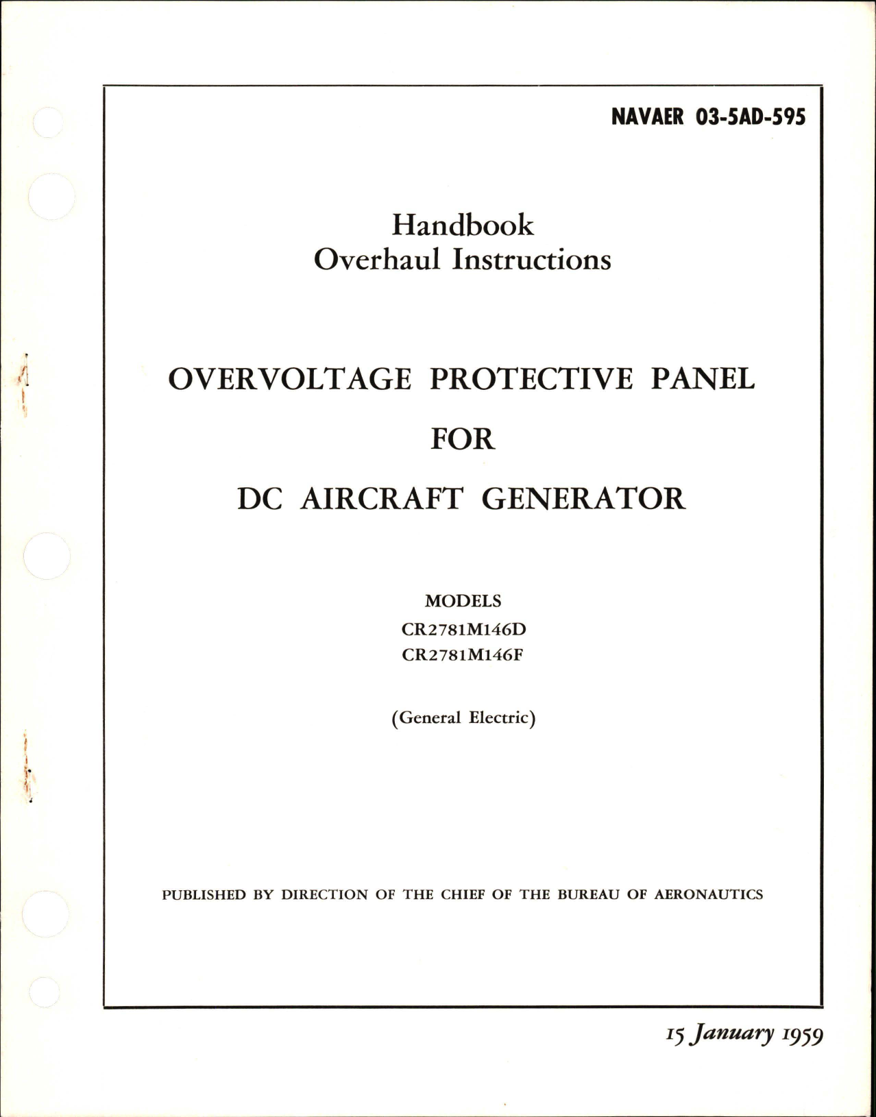Sample page 1 from AirCorps Library document: Overhaul Instructions for Overvoltage Protective Panel for DC Generator - Models CR2781M146D and CR2781M146F 