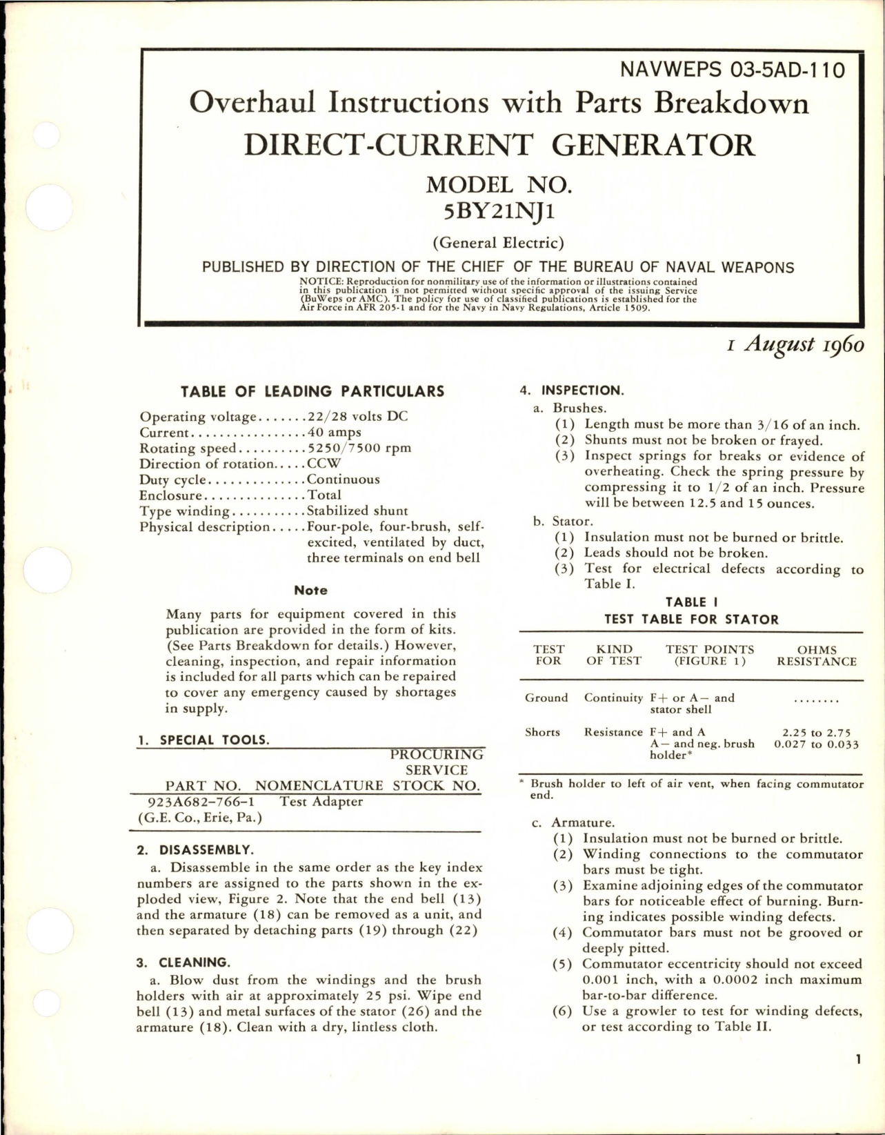 Sample page 1 from AirCorps Library document: Overhaul Instructions with Parts Breakdown for Direct Current Generator - Model 5BY21NJ1 