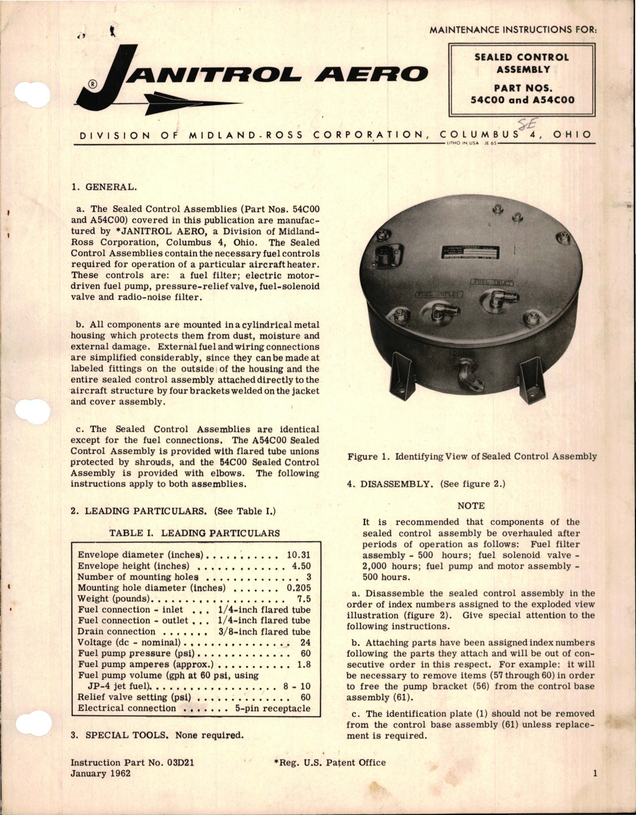 Sample page 1 from AirCorps Library document: Maintenance Instructions for Sealed Control Assembly - Parts 54C00 and A54C00