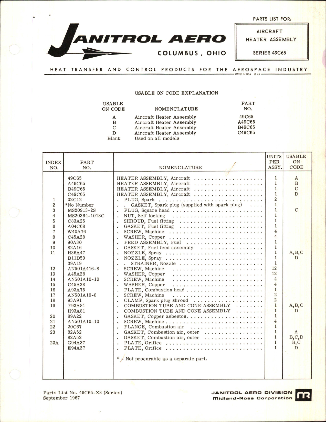 Sample page 1 from AirCorps Library document: Parts List for Aircraft Heater Assembly - Series 49C65