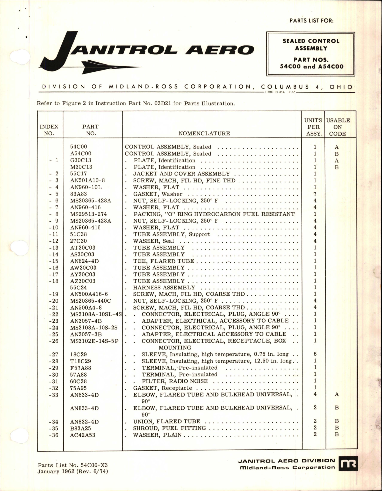 Sample page 1 from AirCorps Library document: Parts List for Sealed Control Assembly - Part 54C00 & A54C00