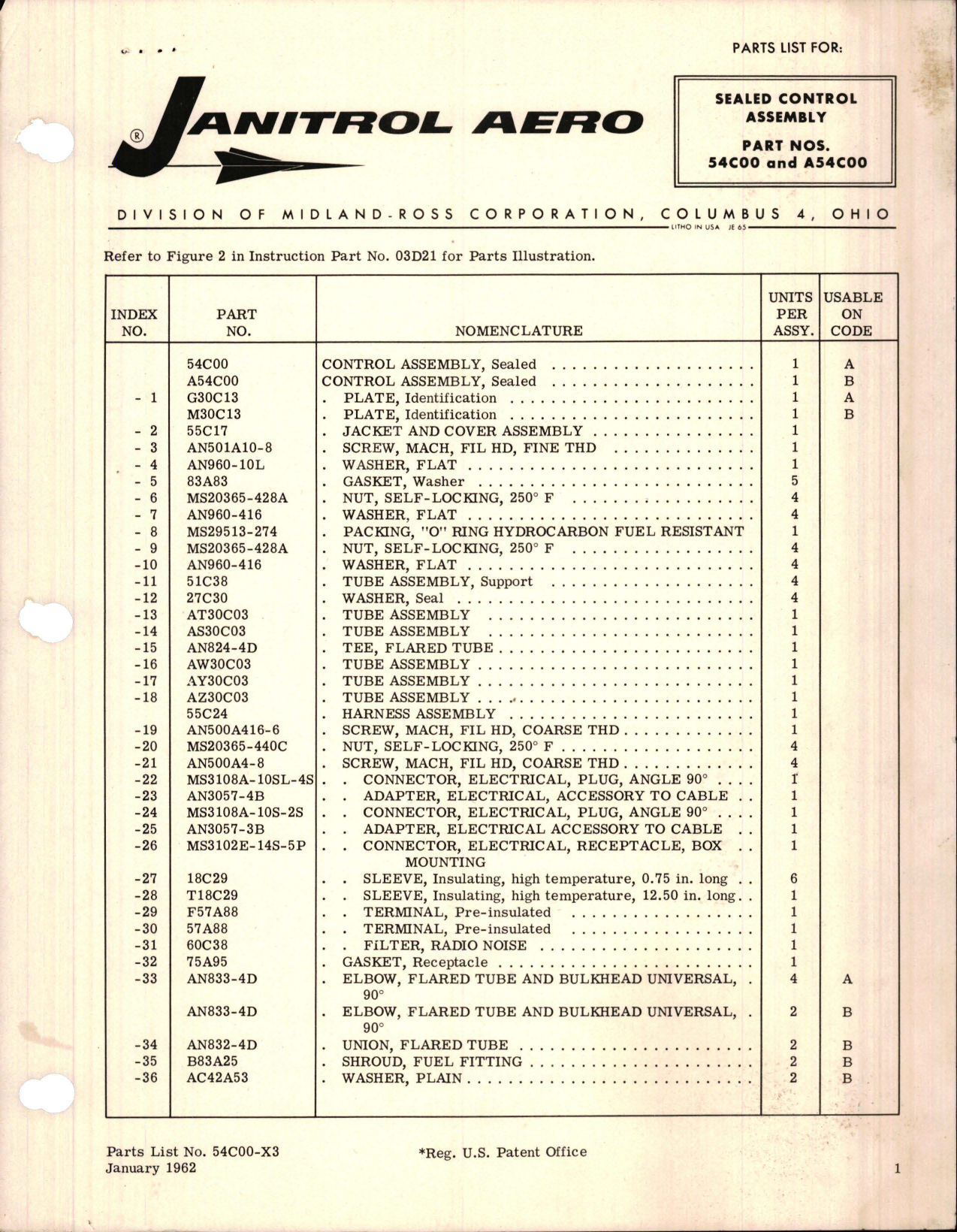 Sample page 1 from AirCorps Library document: Parts List for Sealed Control Assembly - Parts 54C00 and A54C00