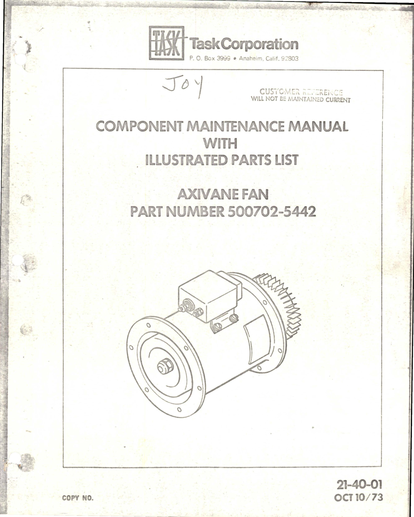 Sample page 1 from AirCorps Library document: Maintenance Manual with Illustrated Parts List for Axivane Fan - Part 500702-5442 