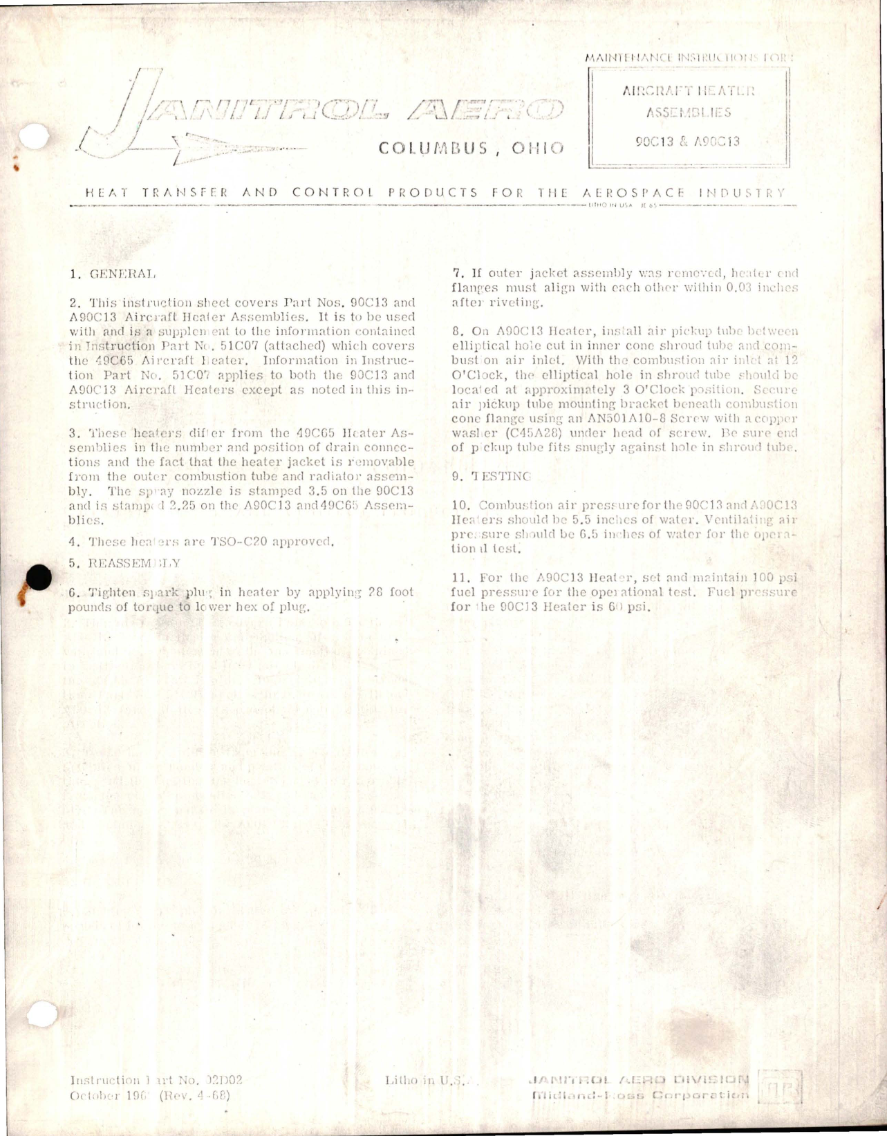 Sample page 1 from AirCorps Library document: Maintenance Instructions for Aircraft Heater Assembly - 90C13 and A90C13