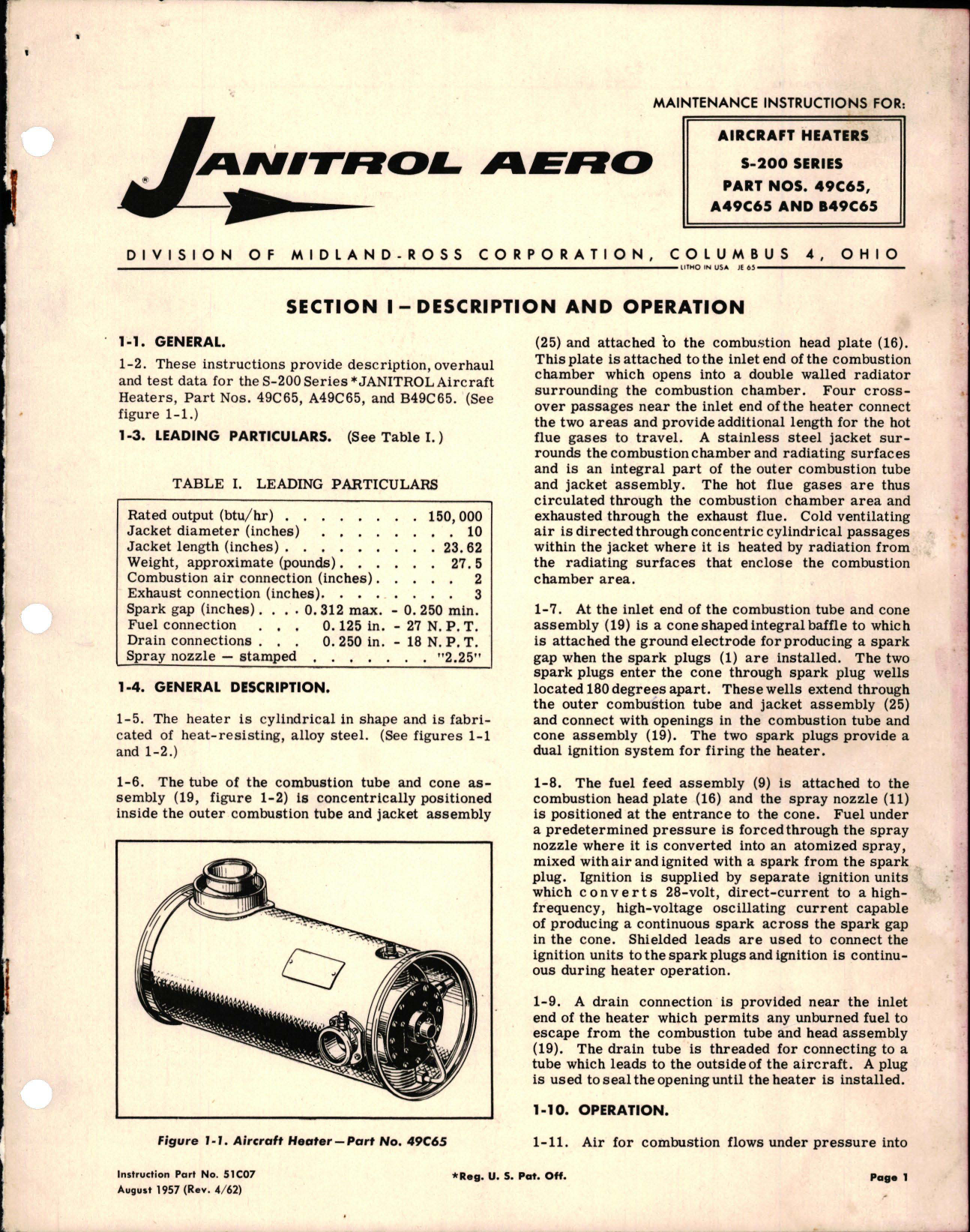 Sample page 1 from AirCorps Library document: Maintenance Instructions for Aircraft Heaters - S-200 Series - Parts 49C65, A49C65, and B49C65 
