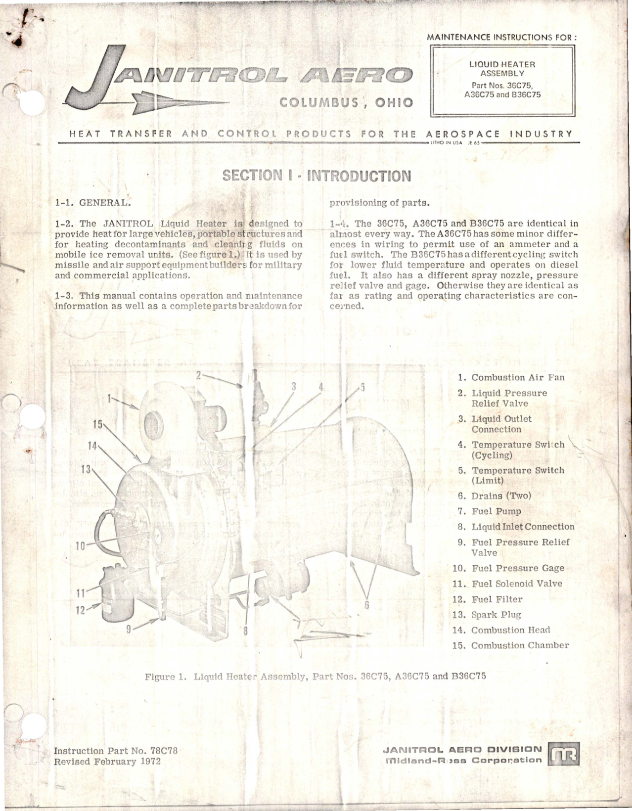 Sample page 1 from AirCorps Library document: Maintenance Instructions for Liquid Heater Assembly - Parts 36C75, A36C75, and B36C75