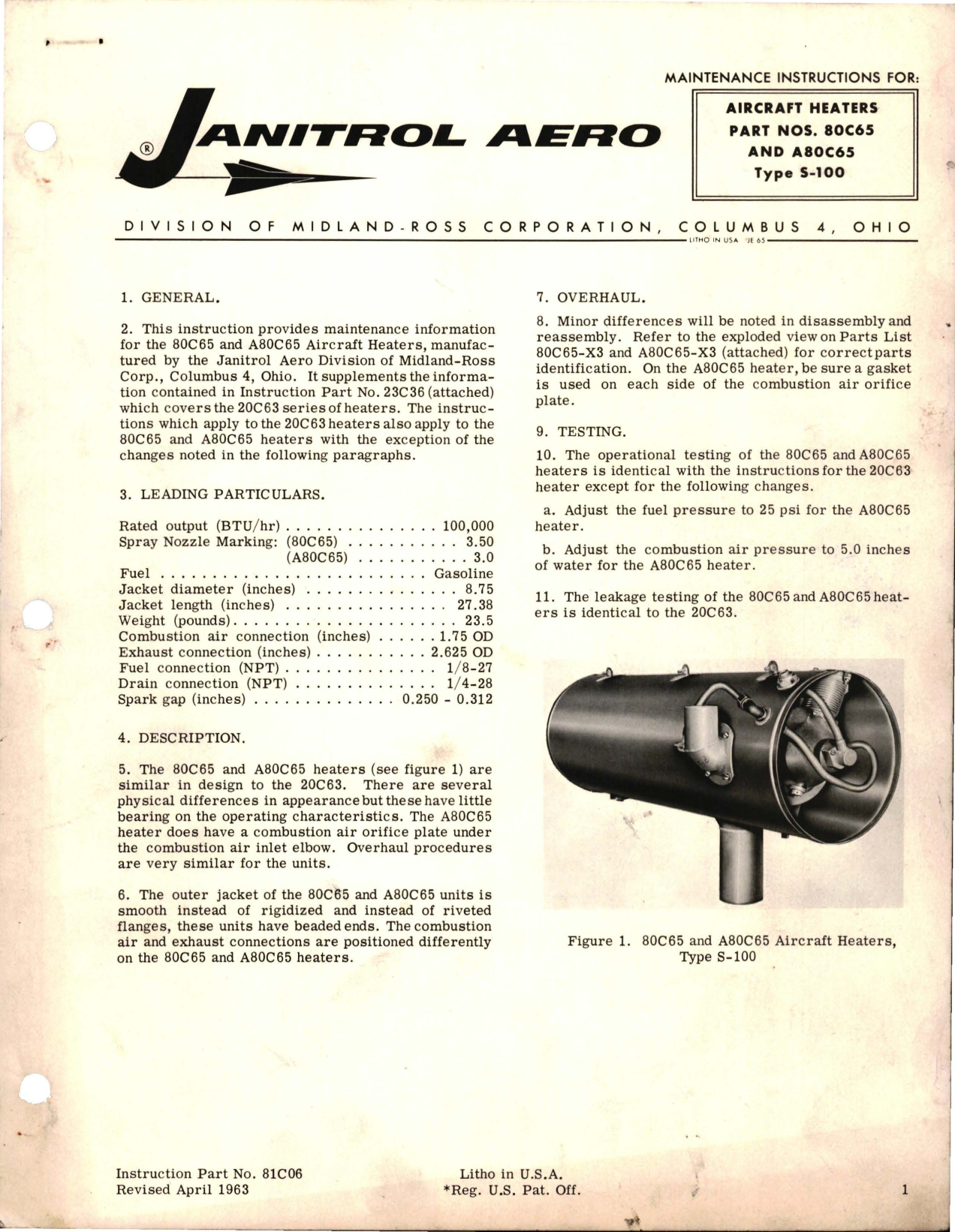 Sample page 1 from AirCorps Library document: Maintenance Instructions for Aircraft Heaters - Parts 80C65 and A80C65 - Type S-100