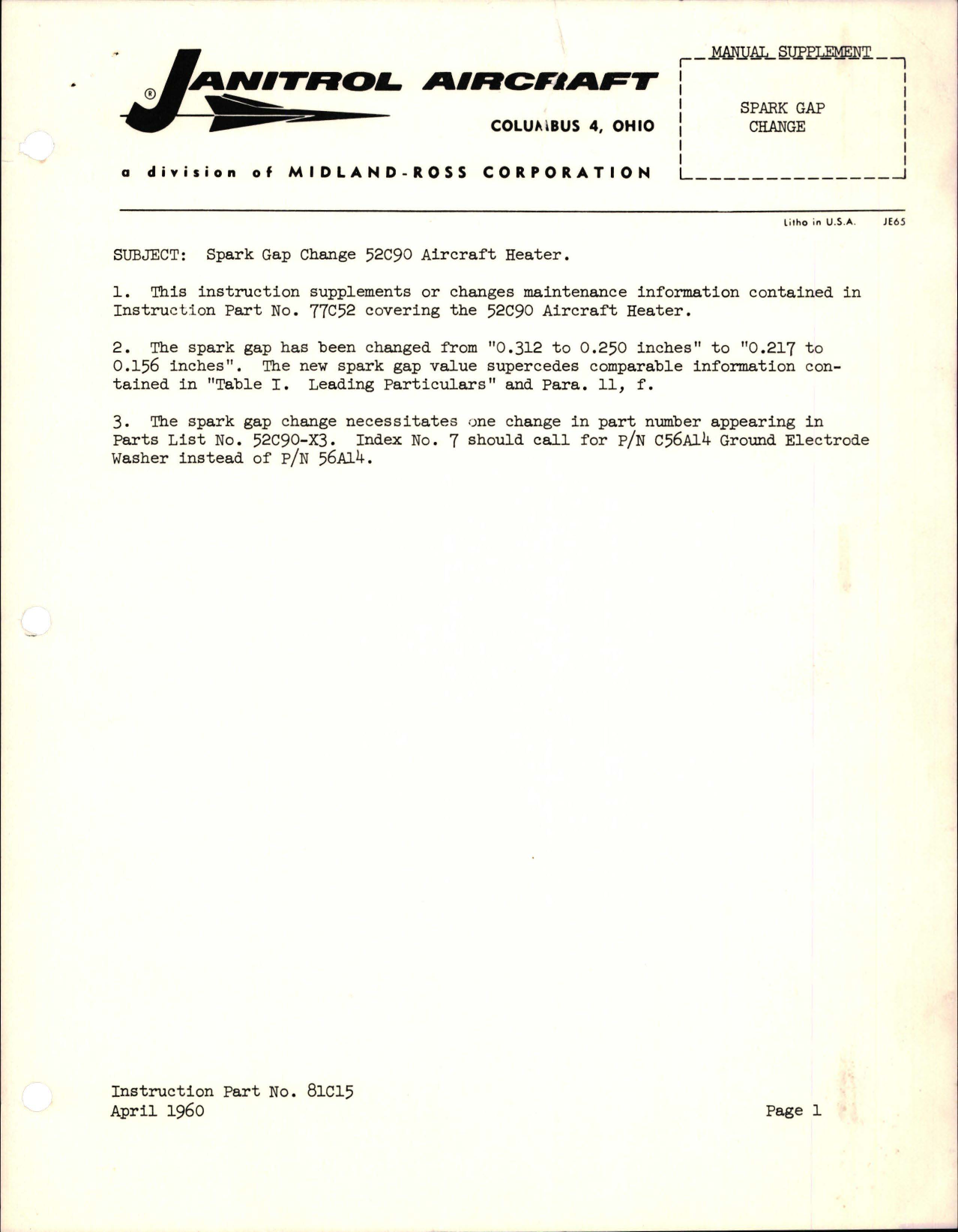Sample page 1 from AirCorps Library document: Manual Supplement for Spark Gap Change