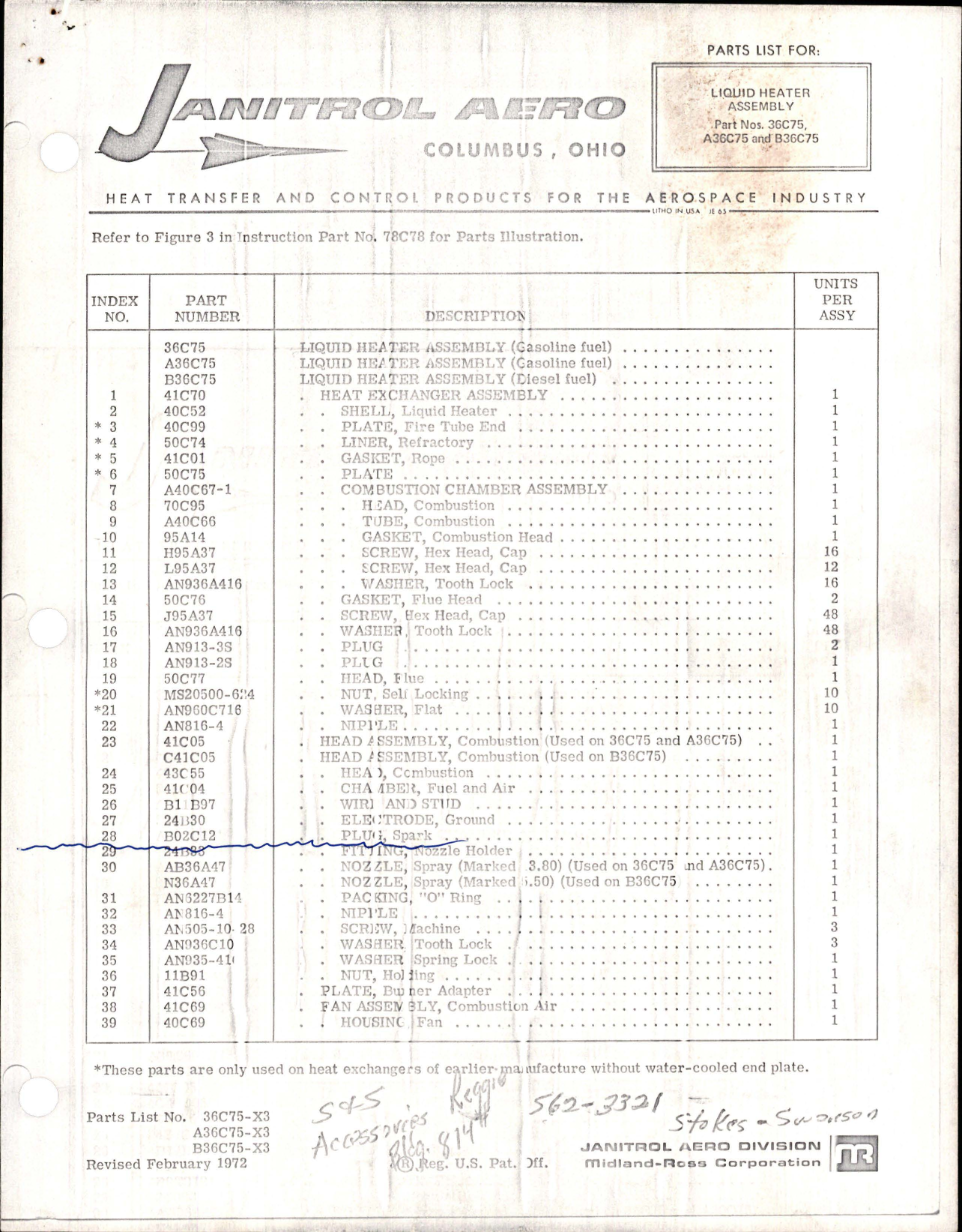 Sample page 1 from AirCorps Library document: Parts List for Liquid Heater Assembly - Parts 36C75, A36C75, and B36C75