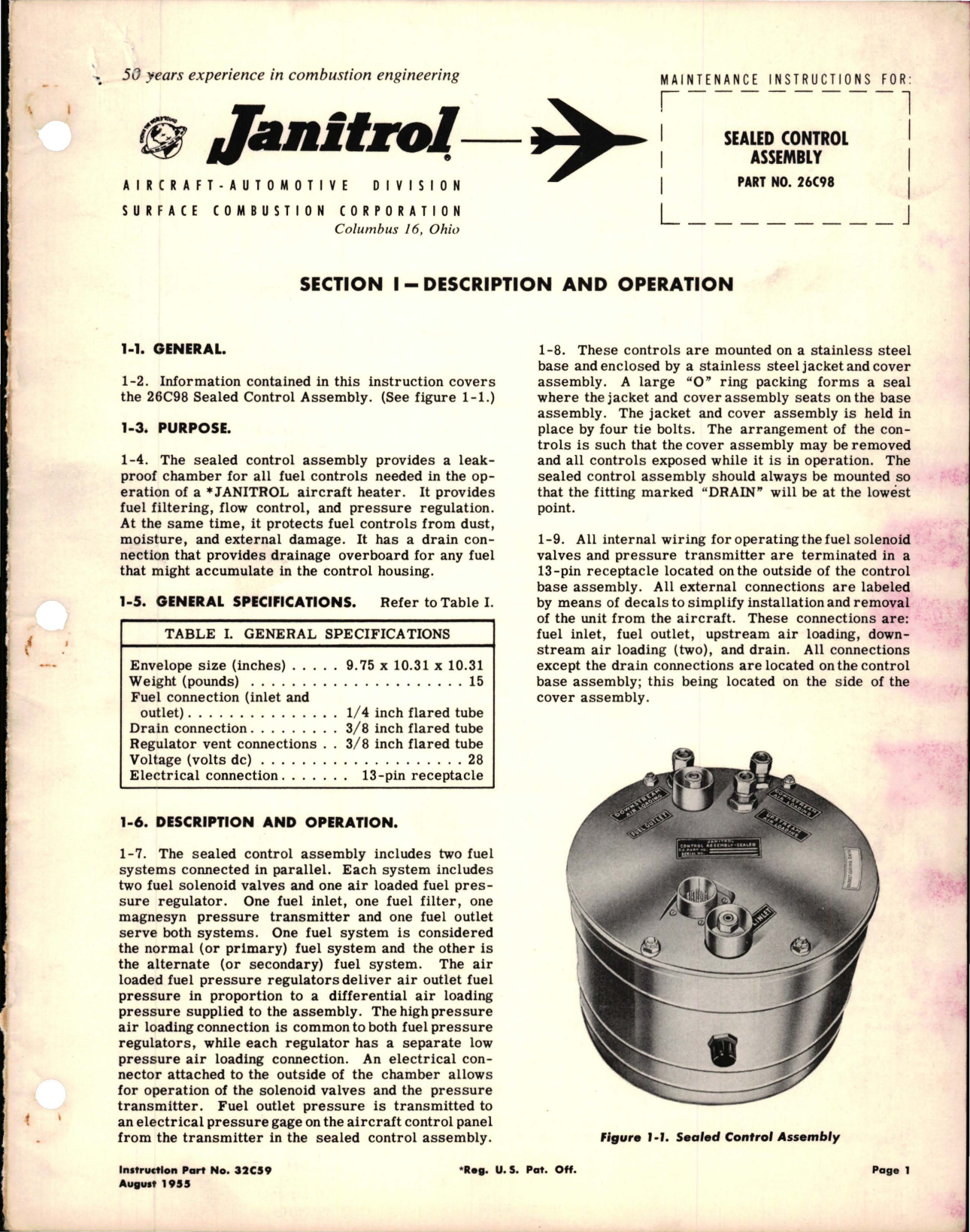 Sample page 1 from AirCorps Library document: Maintenance Instructions for Sealed Control Assembly - Part 26C98