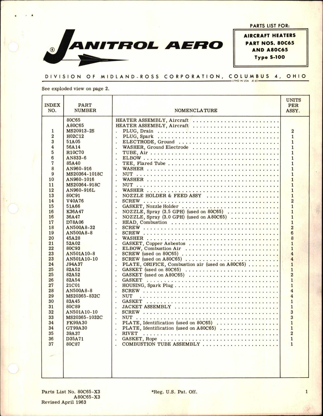 Sample page 1 from AirCorps Library document: Parts List for Aircraft Heaters - Parts 80C65 and A80C65 - Type S-100