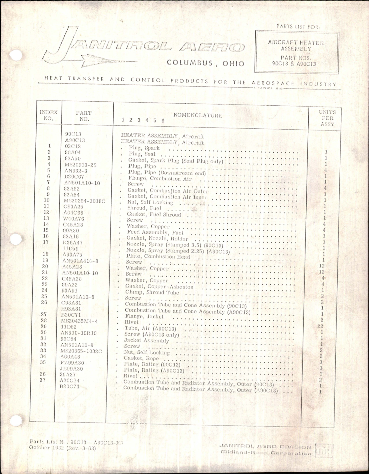 Sample page 1 from AirCorps Library document: Parts List for Aircraft Heater Assembly - Parts 90C13 and A90C13