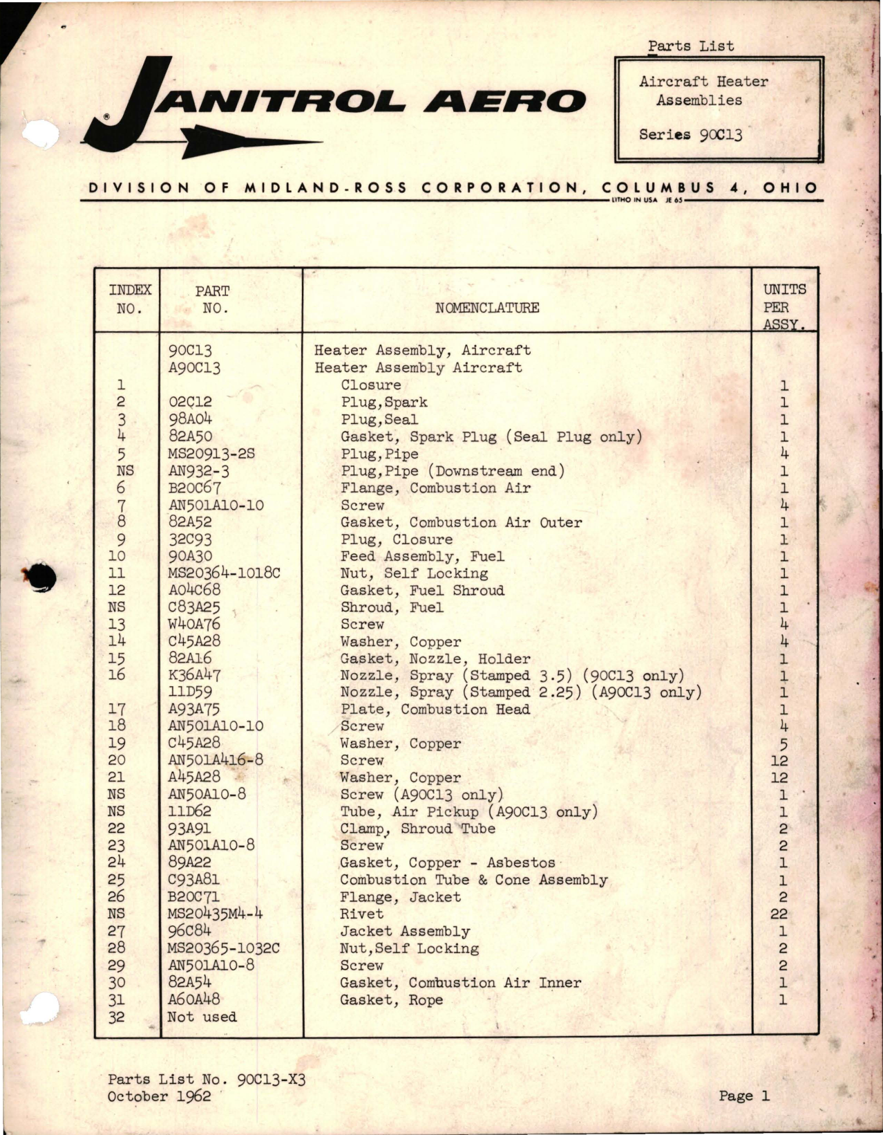 Sample page 1 from AirCorps Library document: Parts List for Aircraft Heater Assembly - Series 90C13