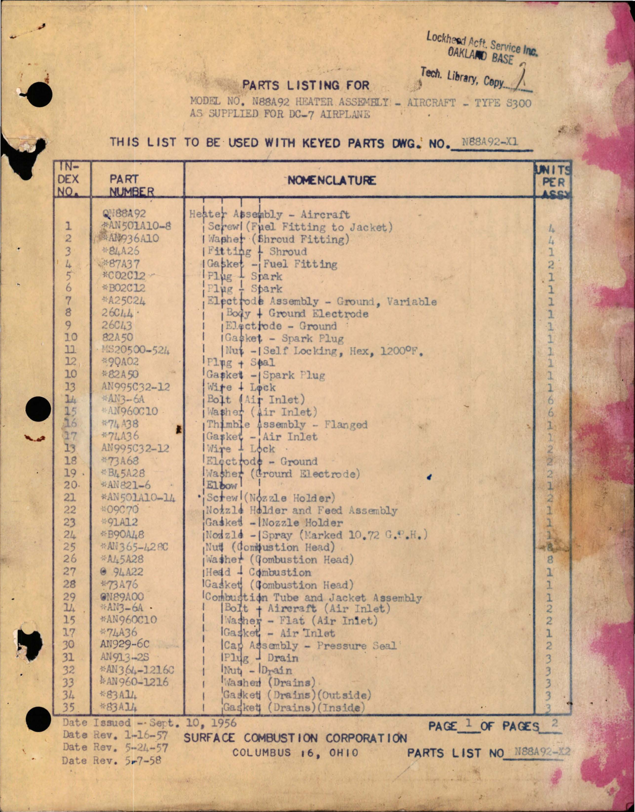 Sample page 1 from AirCorps Library document: Parts Listing for Aircraft Heater Assembly - Model N88A92 - Type S300