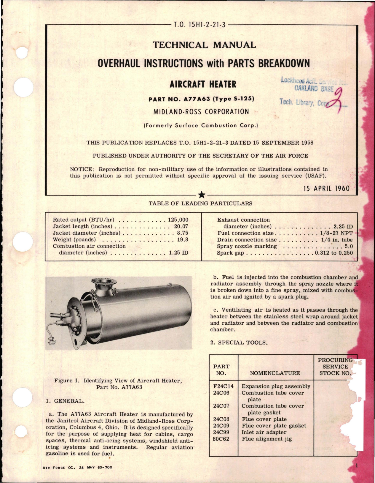Sample page 1 from AirCorps Library document: Overhaul Instructions with Parts Breakdown for Aircraft Heater - Part A77A63 - Type S-125