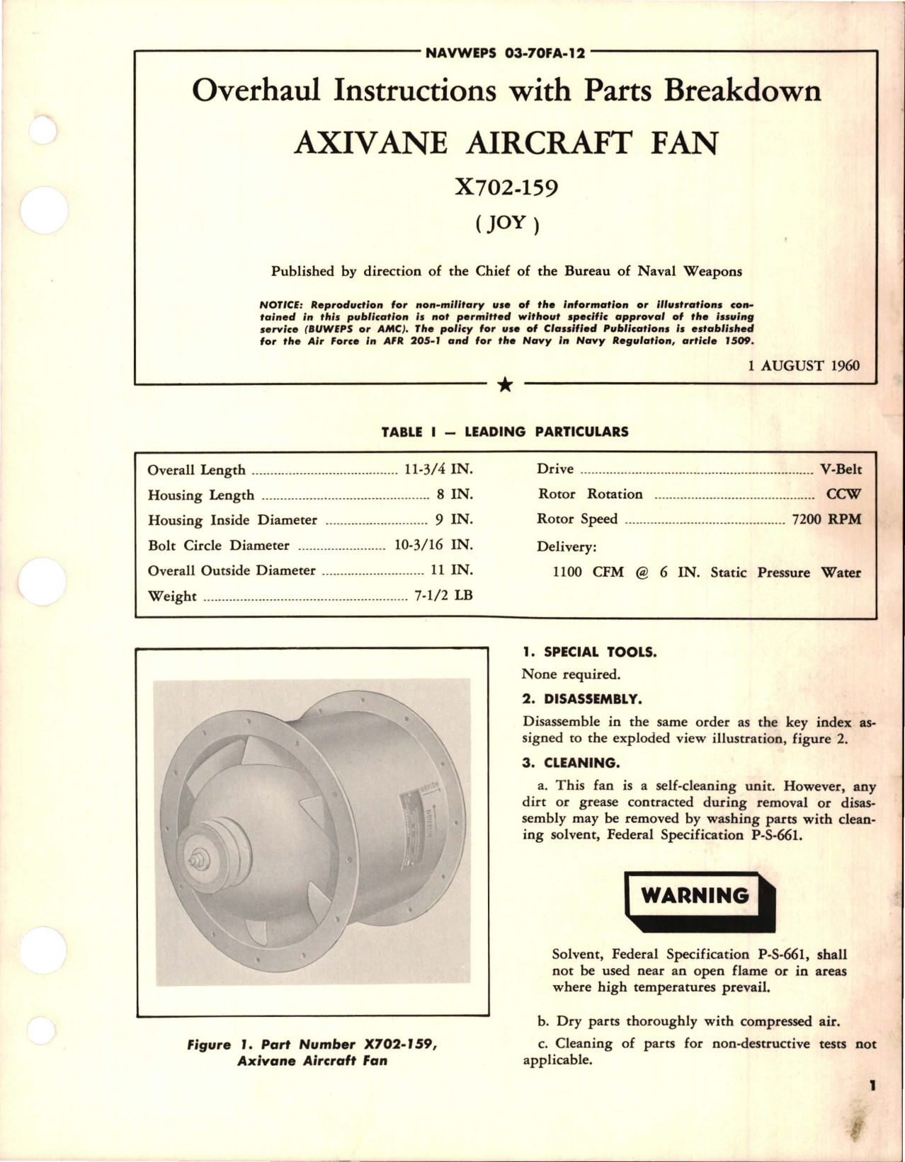 Sample page 1 from AirCorps Library document: Overhaul Instructions with Parts Breakdown for Axivane Aircraft Fan - X702-159 