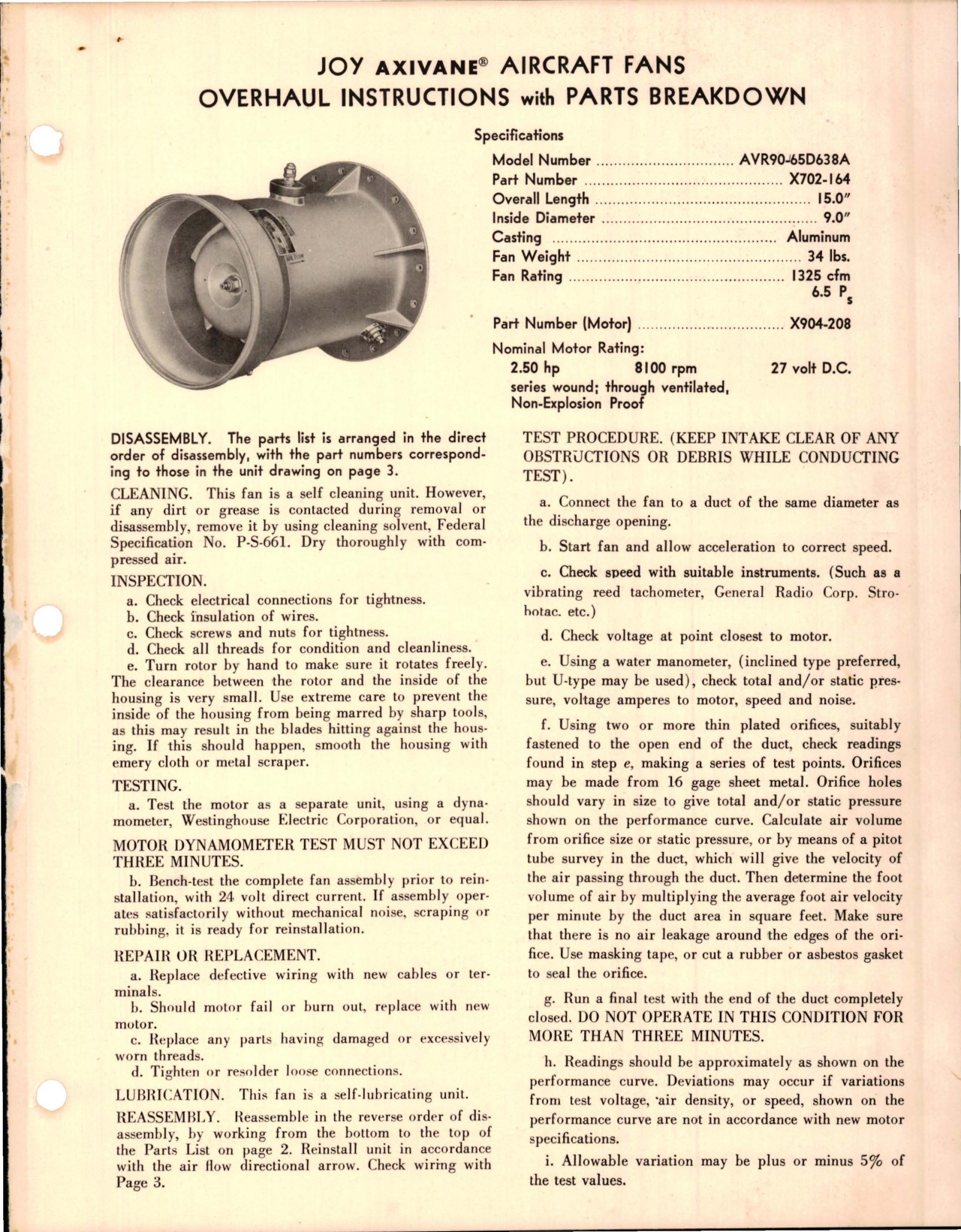 Sample page 1 from AirCorps Library document: Overhaul Instructions with Parts Breakdown for Axivane Aircraft Fans - AVR140-55D851A - Part X702-122A 
