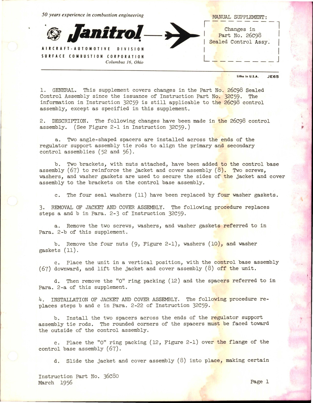 Sample page 1 from AirCorps Library document: Manual Supplement for Sealed Control Assembly - Part 26C98