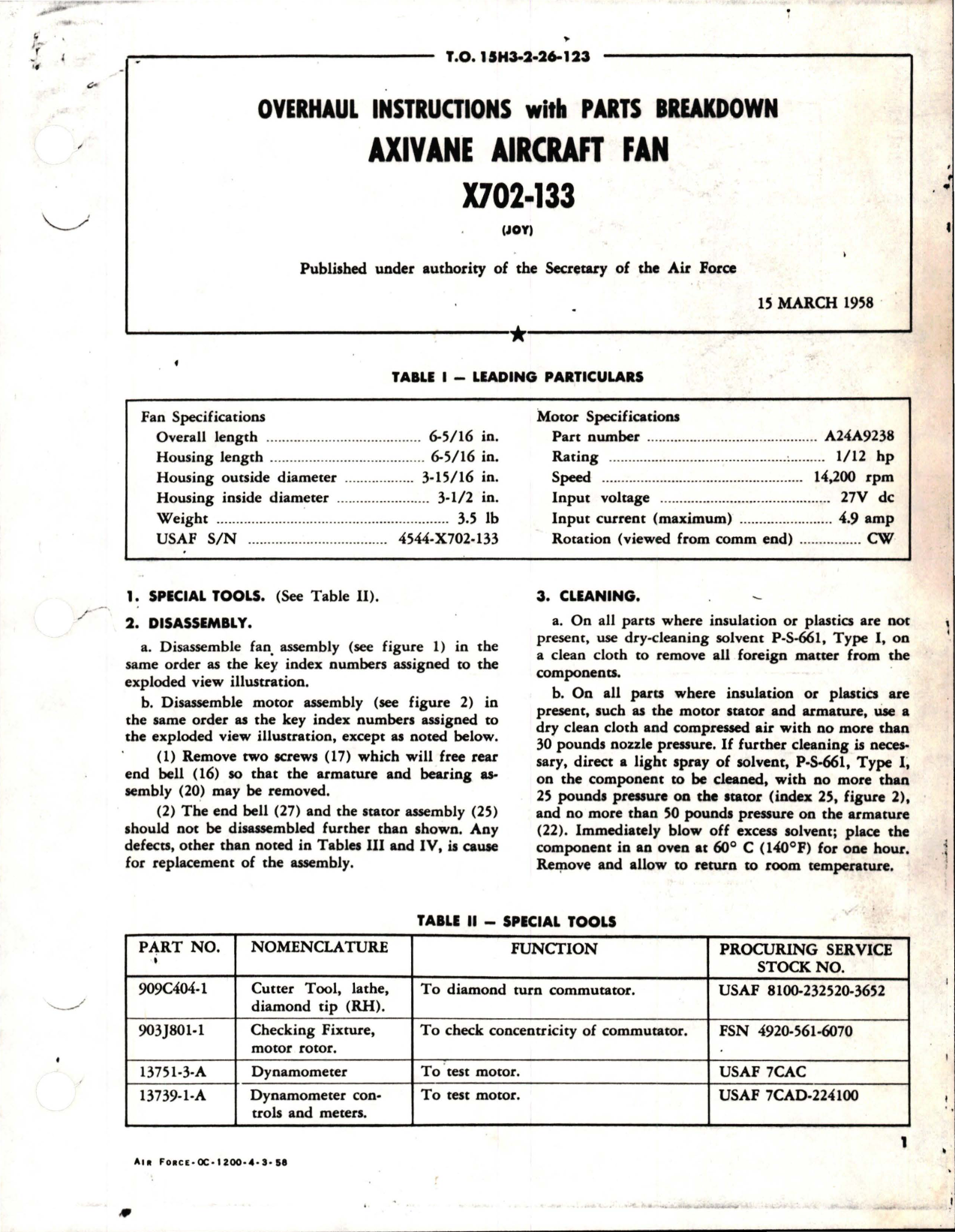 Sample page 1 from AirCorps Library document: Overhaul Instructions with Parts Breakdown for Axivane Aircraft Fan - X702-133 