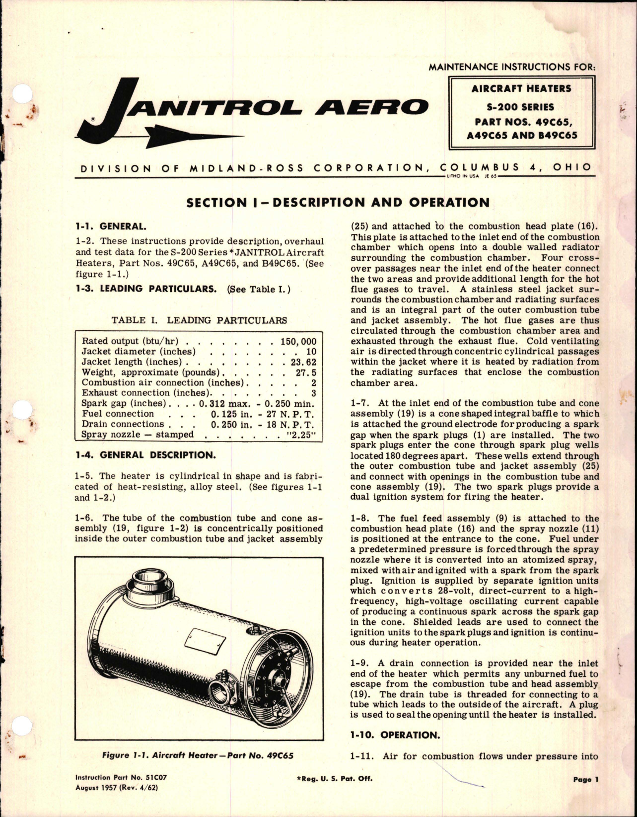 Sample page 1 from AirCorps Library document: Maintenance Instructions for Aircraft Heaters - S-200 Series - Parts 49C65, A49C65, and B49C65