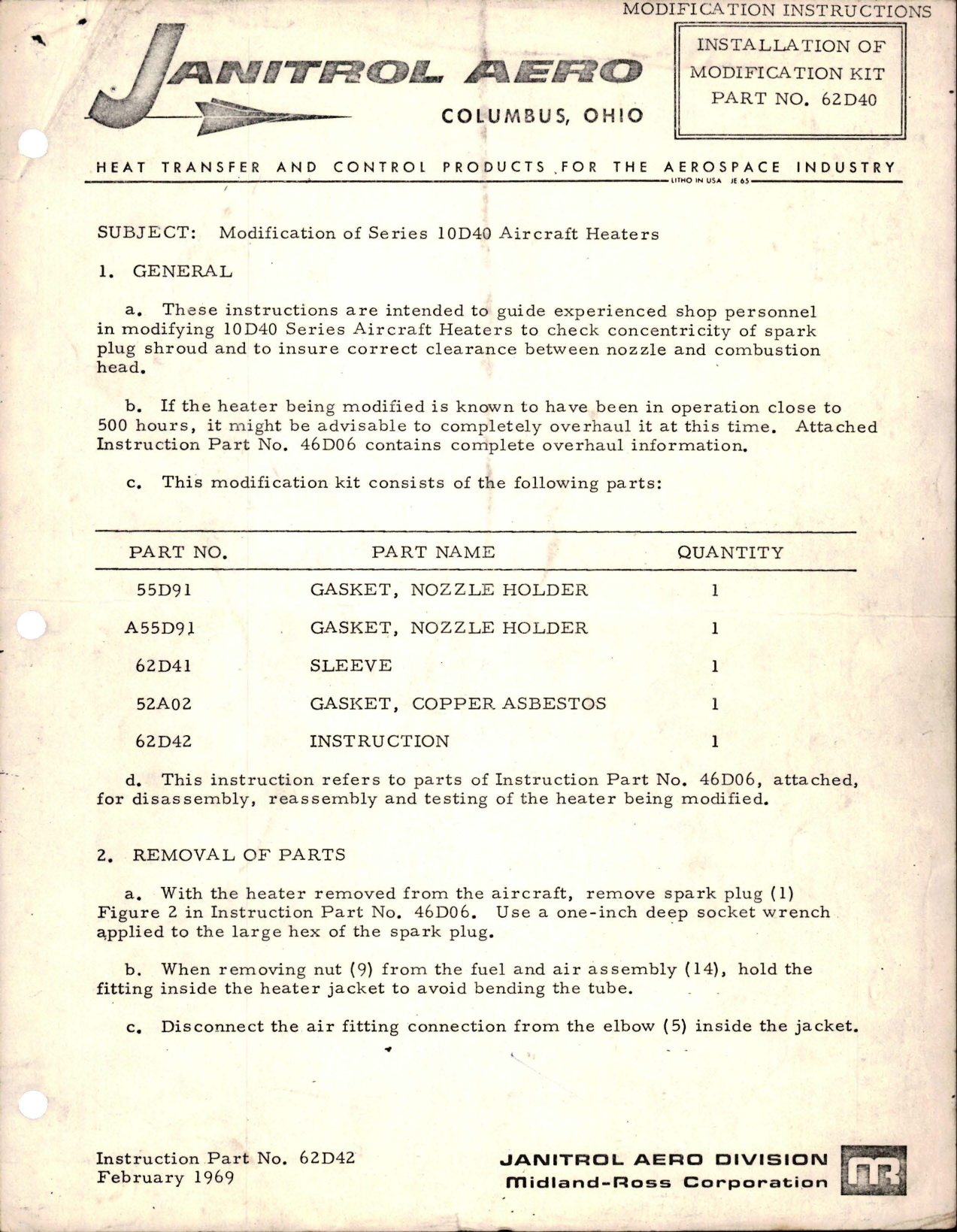 Sample page 1 from AirCorps Library document: Modification Instructions for Installation of Modification Kit - Part 62D40