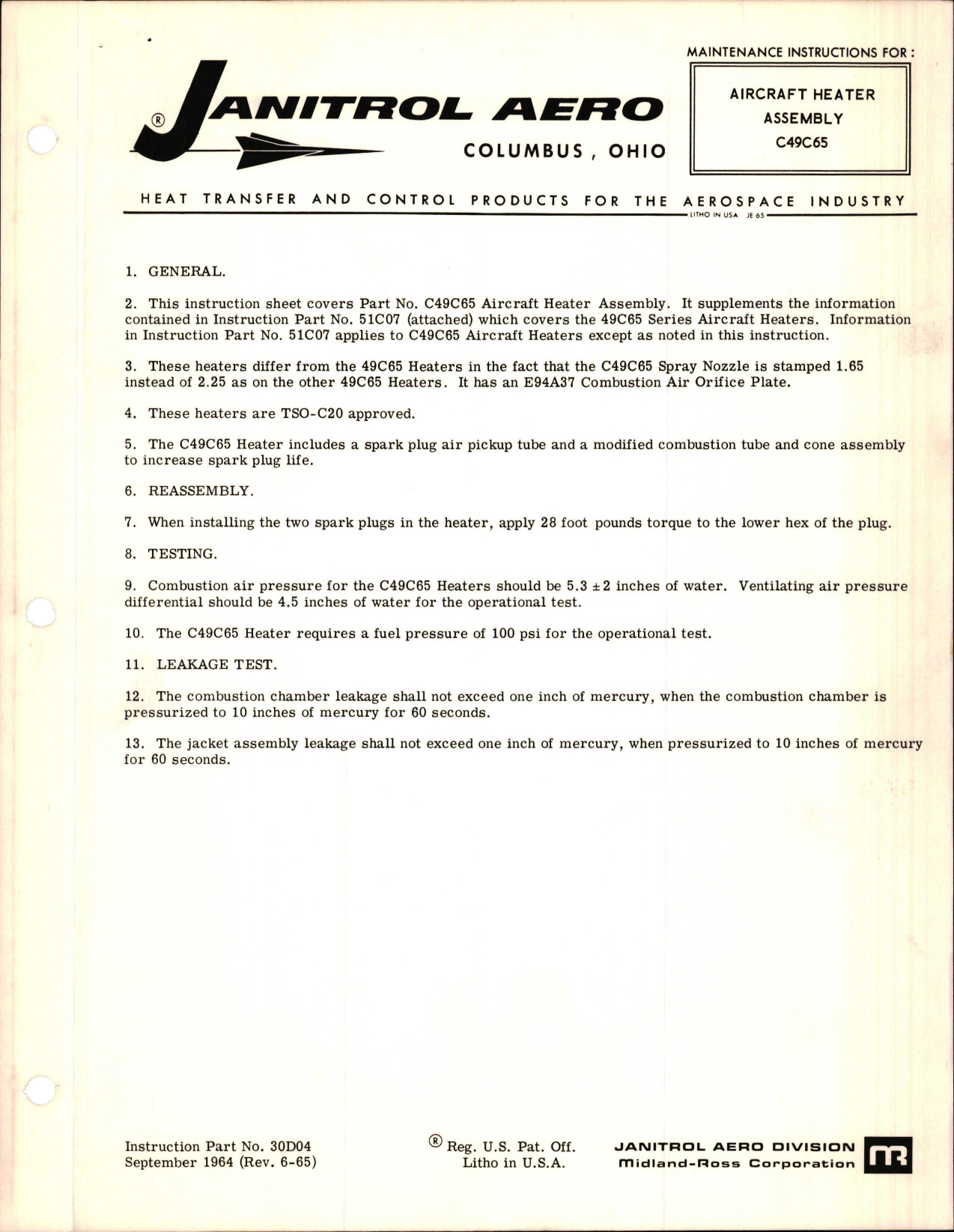 Sample page 1 from AirCorps Library document: Maintenance Instructions for Aircraft Heater Assembly - C49C65