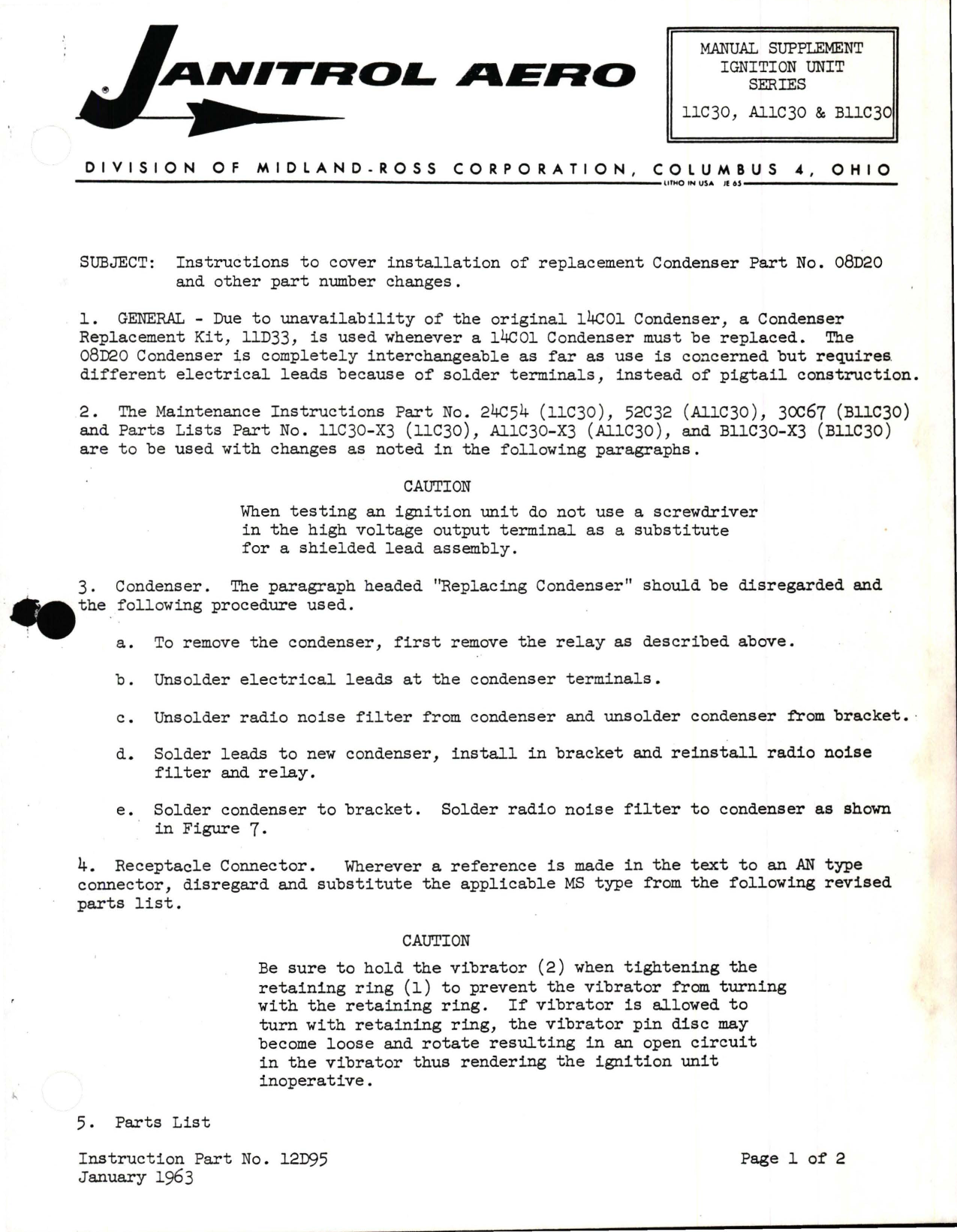 Sample page 1 from AirCorps Library document: Manual Supplement for Ignition Unit 11C30, A11C30, and B11C30 Series
