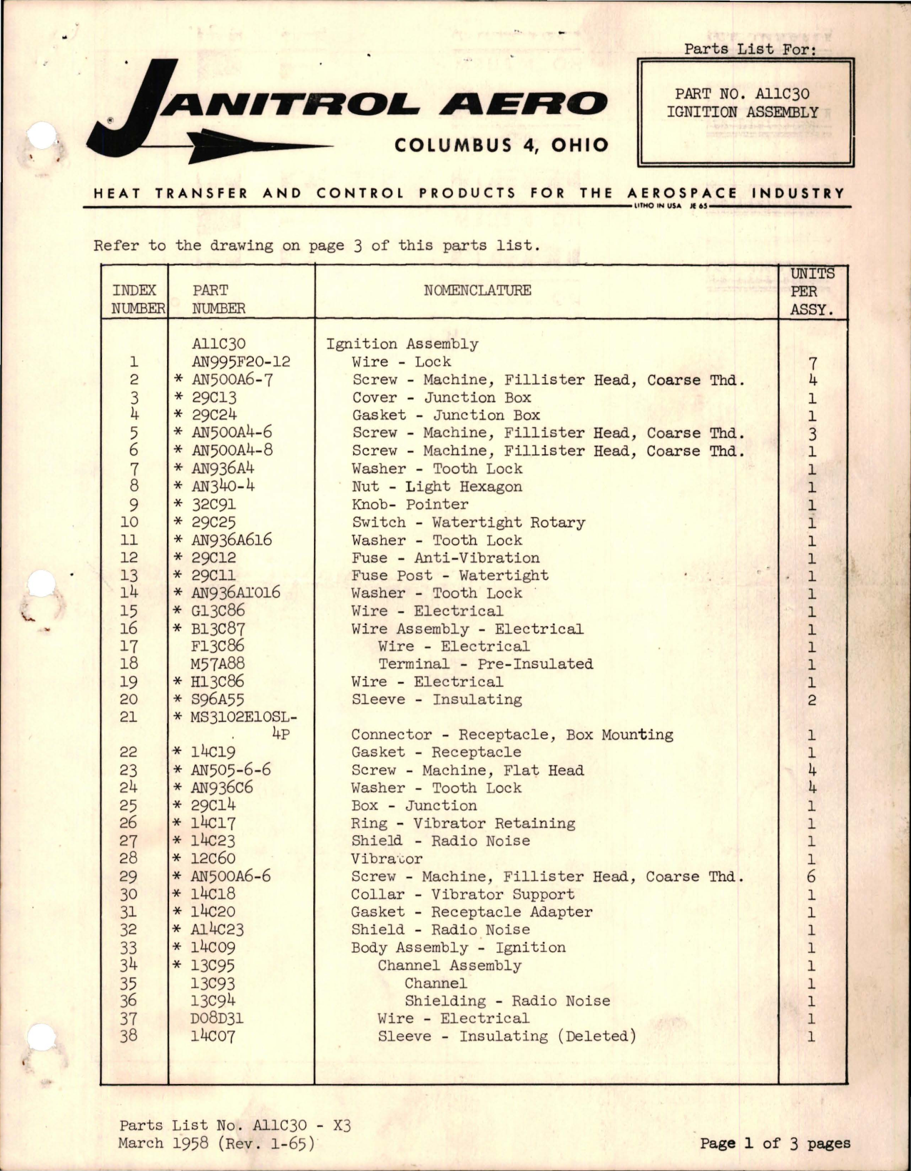 Sample page 1 from AirCorps Library document: Parts List for Ignition Assembly - Part A11C30