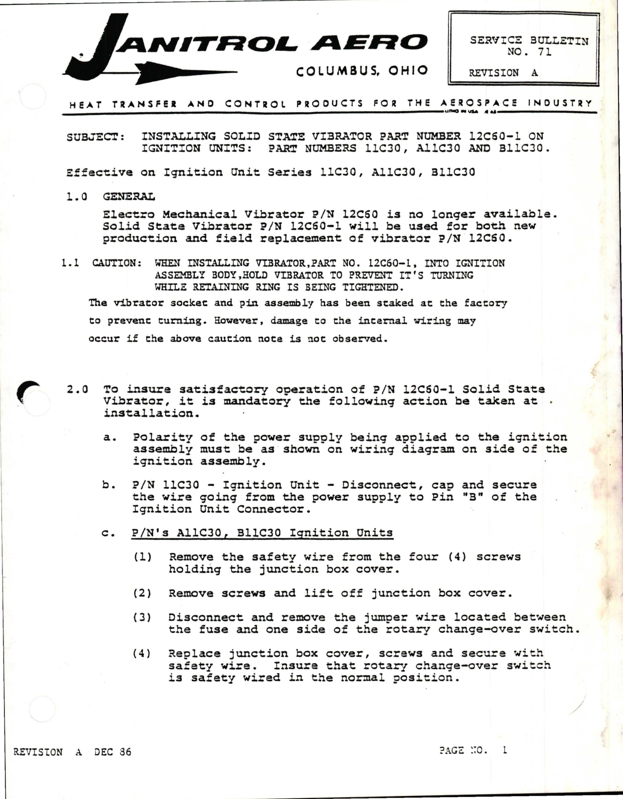 Sample page 1 from AirCorps Library document: Installing Solid State Vibrator - Part 12C60-1 on Ignition Units