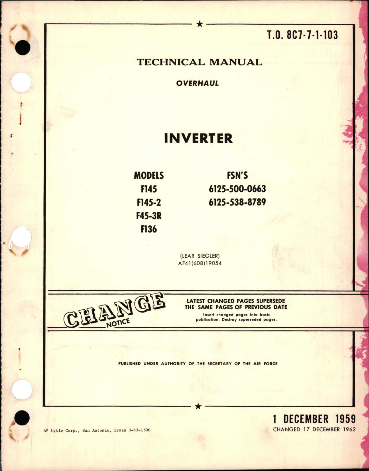 Sample page 1 from AirCorps Library document: Overhaul Manual for Inverter - Models F145, F145-2, F45-3R, and F136