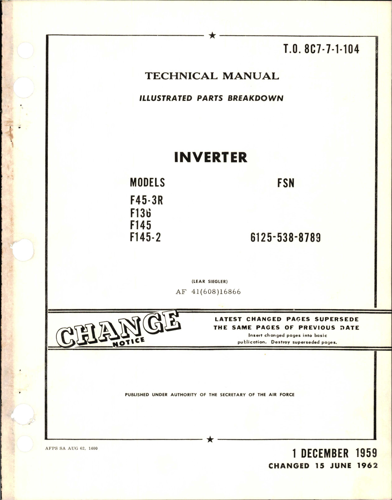 Sample page 1 from AirCorps Library document: Illustrated Parts Breakdown for Inverter - Models F45-3R, F136, F145, and F145-2