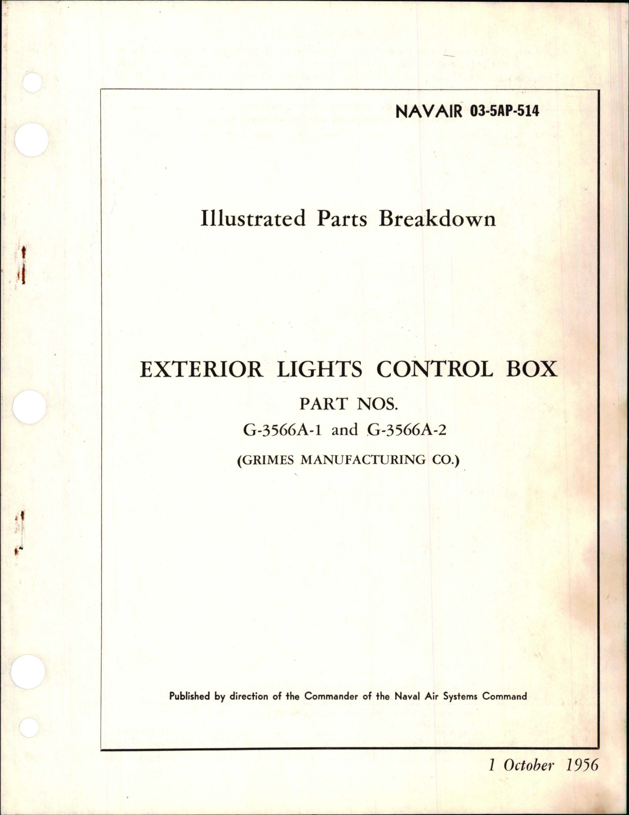Sample page 1 from AirCorps Library document: Illustrated Parts Breakdown for Exterior Lights Control Box - Parts G-3566A-1 and G-3566A-2 