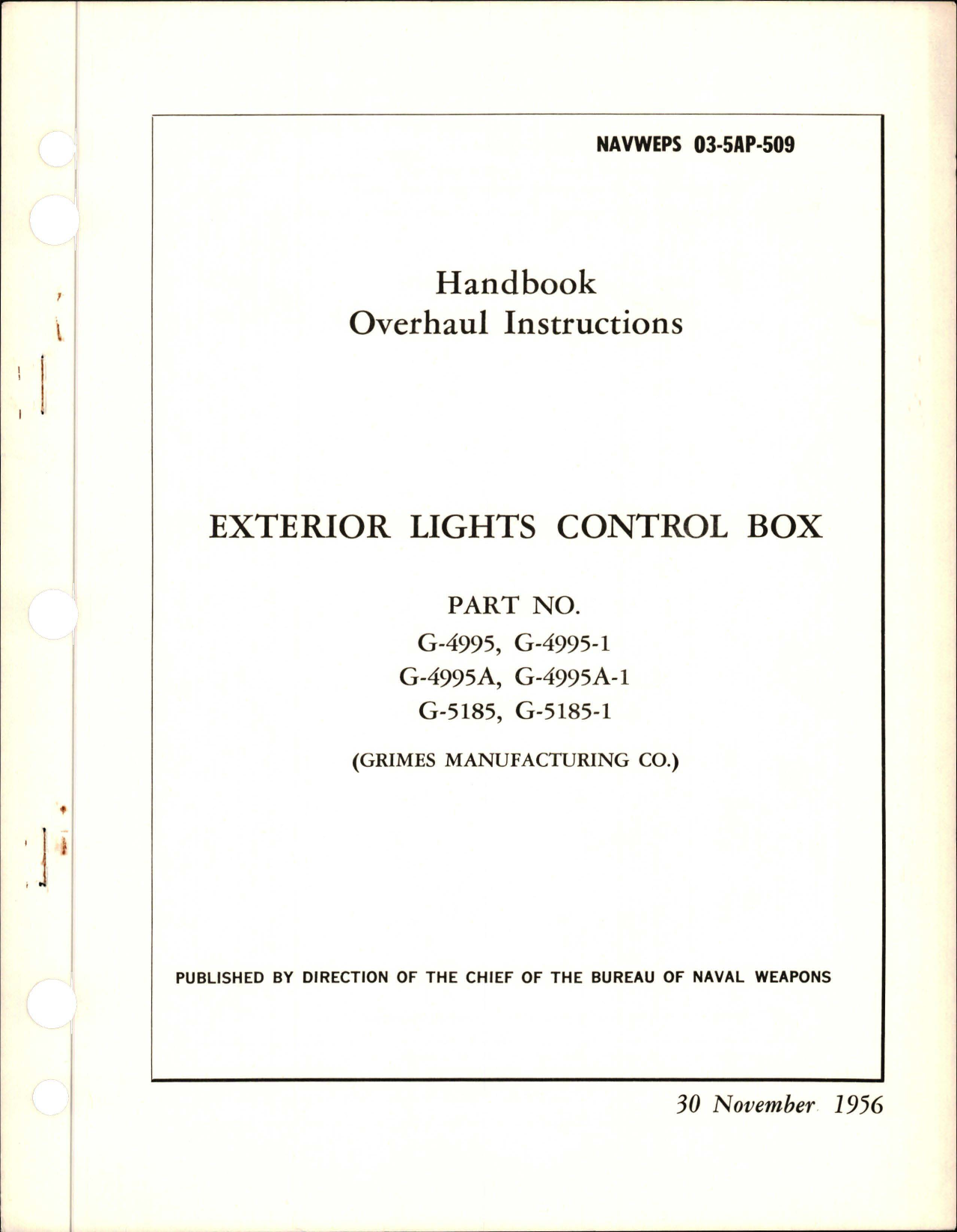 Sample page 1 from AirCorps Library document: Overhaul Instructions for Exterior Lights Control Box - Parts G-4995, G-4995-1, G-4995A, G-4995A-1, G-5185, and G-5185-1