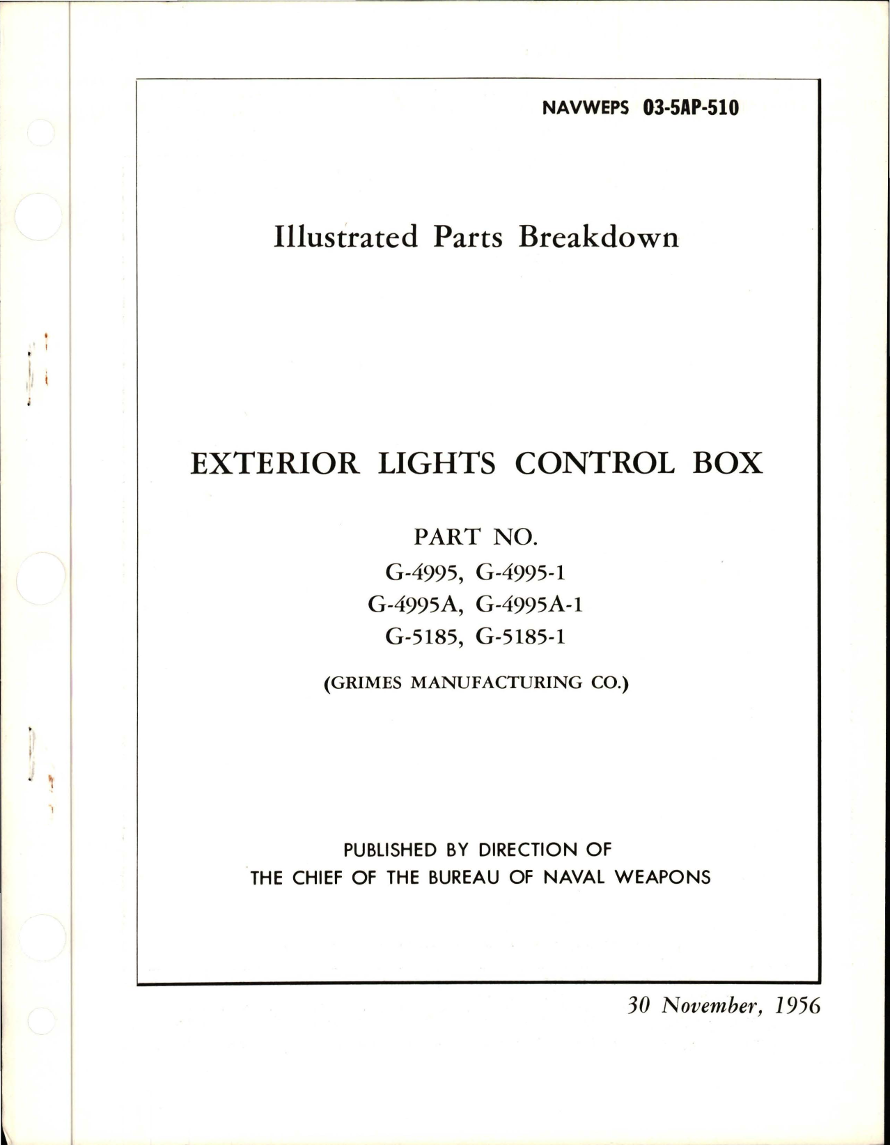 Sample page 1 from AirCorps Library document: Exterior Lights Control Box - Parts G-4995, G-4995-1, G-4995A, G-4995A-1, G-5185, and G5185-1