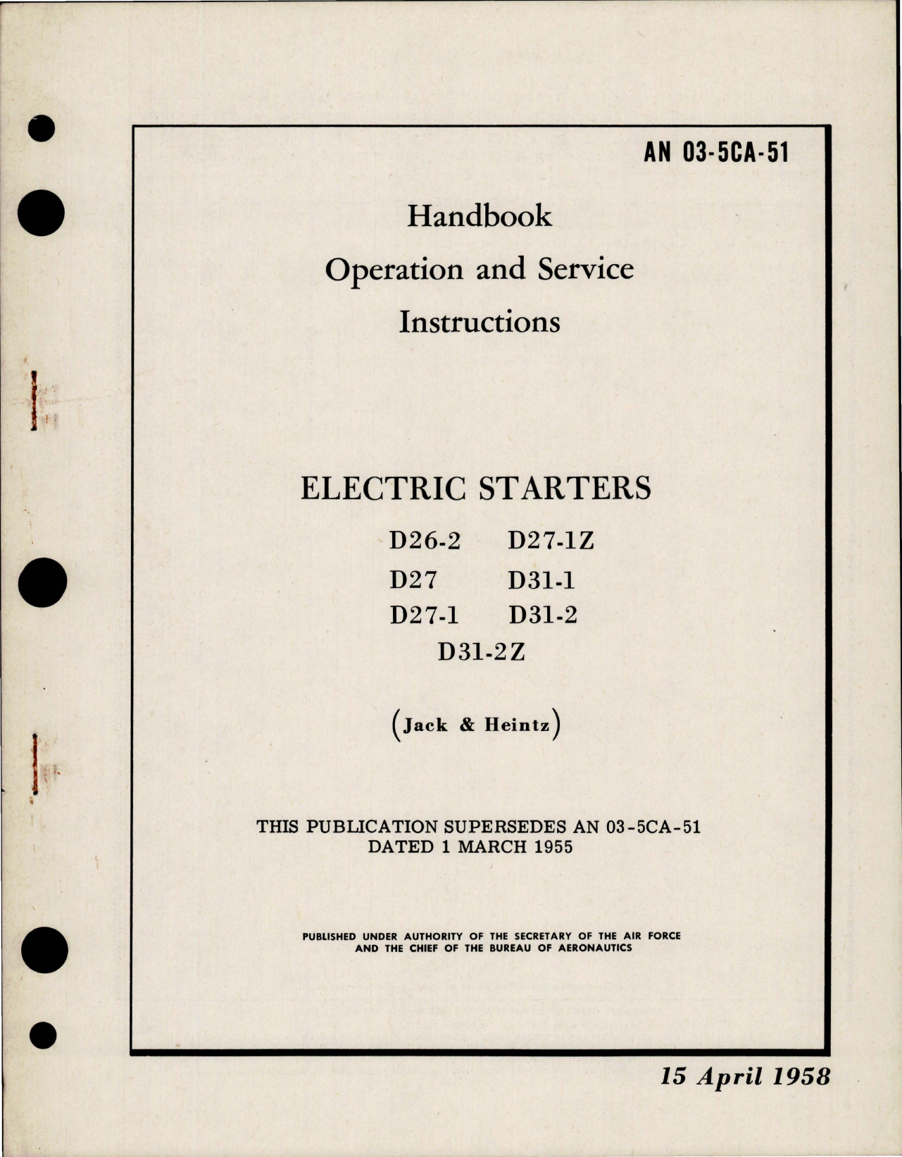 Sample page 1 from AirCorps Library document: Operation and Service Instructions for Electric Starters - D26-2, D27, D27-1, D27-1Z, D31-1, D31-2 and D31-2Z
