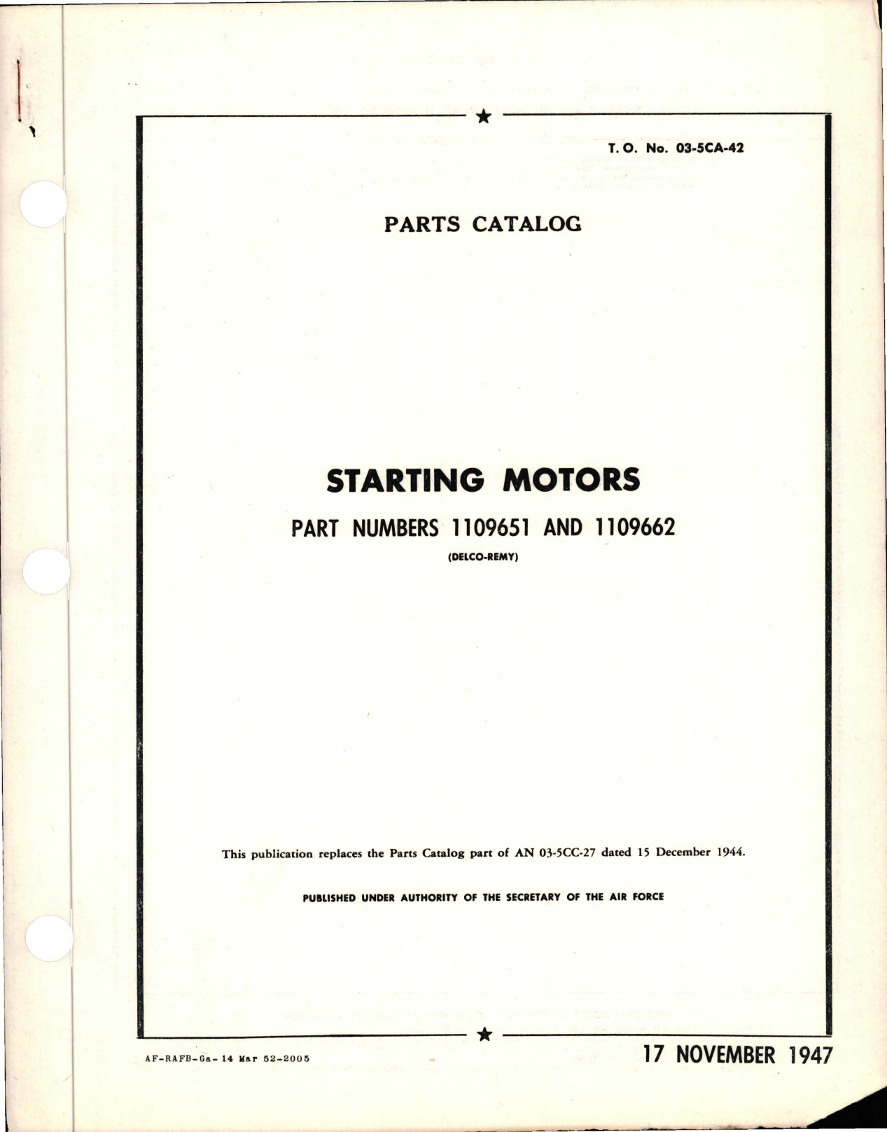 Sample page 1 from AirCorps Library document: Parts Catalog for Starting Motors - Parts 1109651 and 1109662