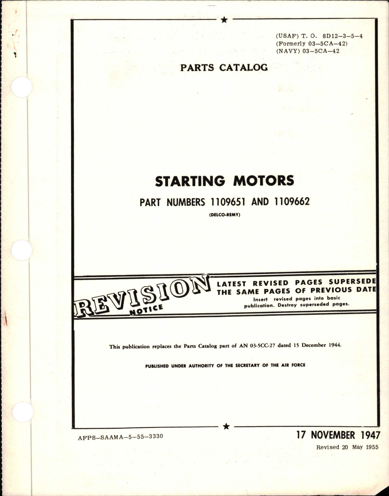 Sample page 1 from AirCorps Library document: Revision to Parts Catalog for Starting Motors - Parts 1109651 and 1109662 