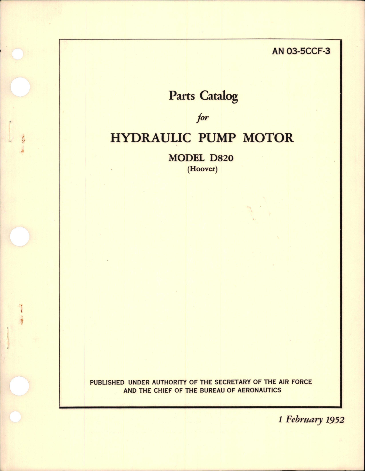 Sample page 1 from AirCorps Library document: Parts Catalog for Hydraulic Pump Motor - Model D820