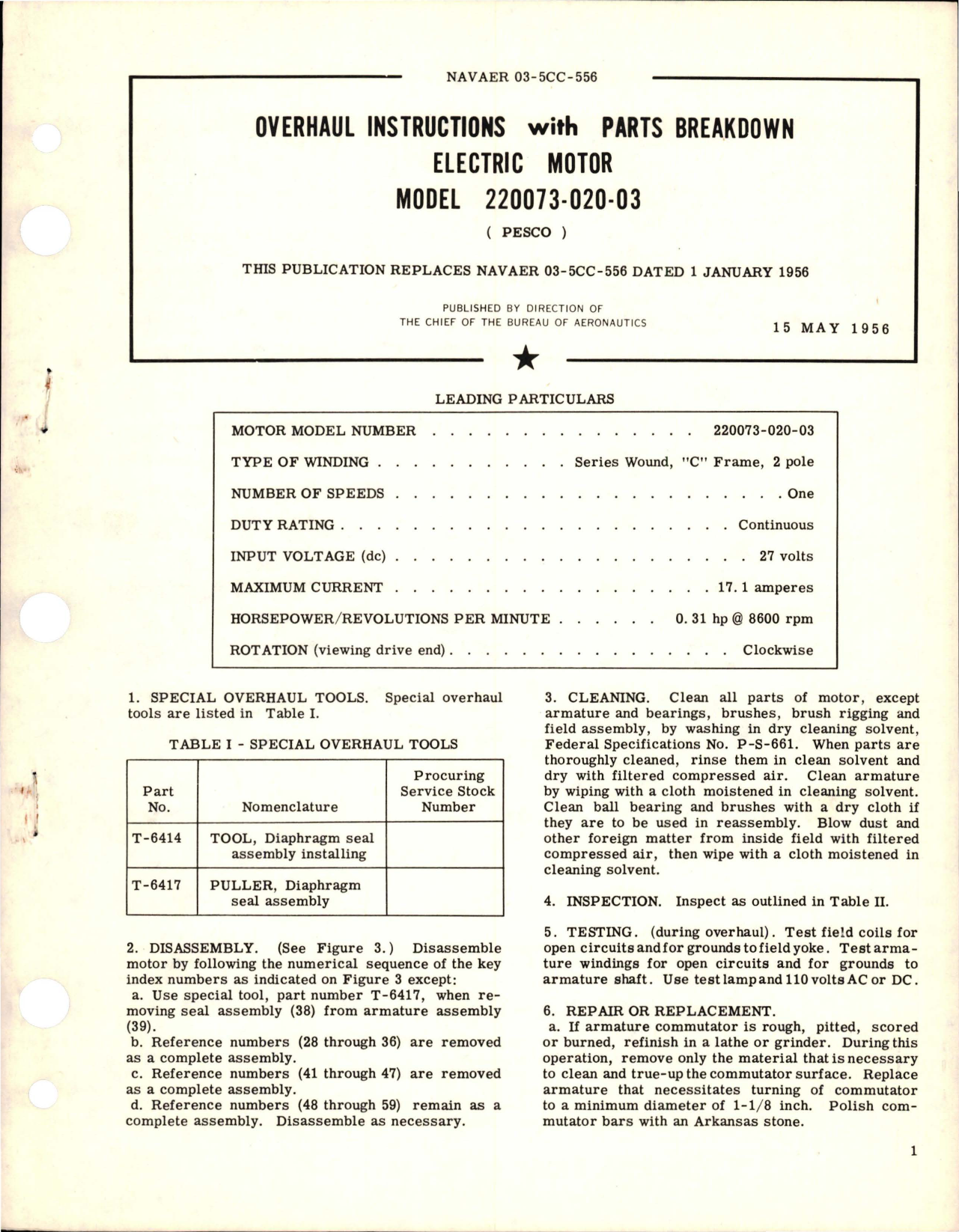 Sample page 1 from AirCorps Library document: Overhaul Instructions with Parts Breakdown for Electric Motor - Model 220073-020-03