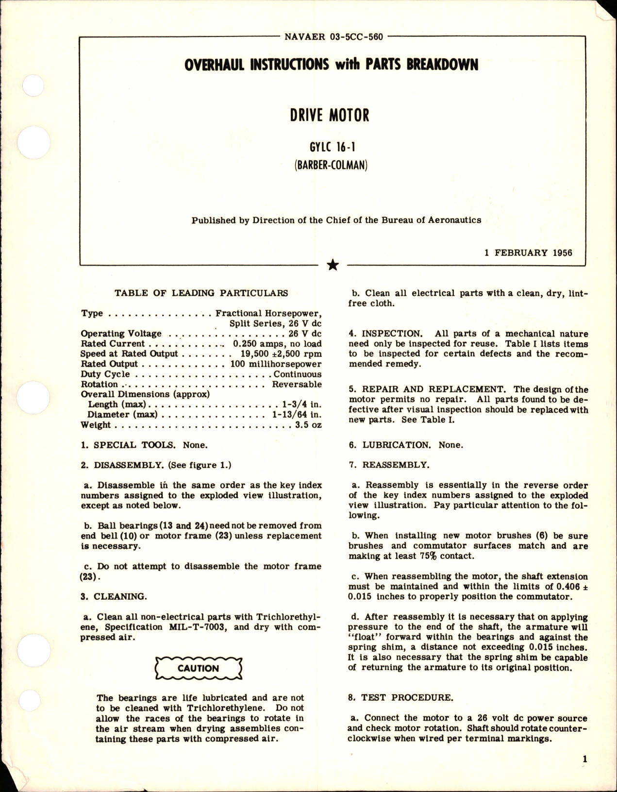 Sample page 1 from AirCorps Library document: Overhaul Instructions with Parts Breakdown for Drive Motor - GYLC 16-1