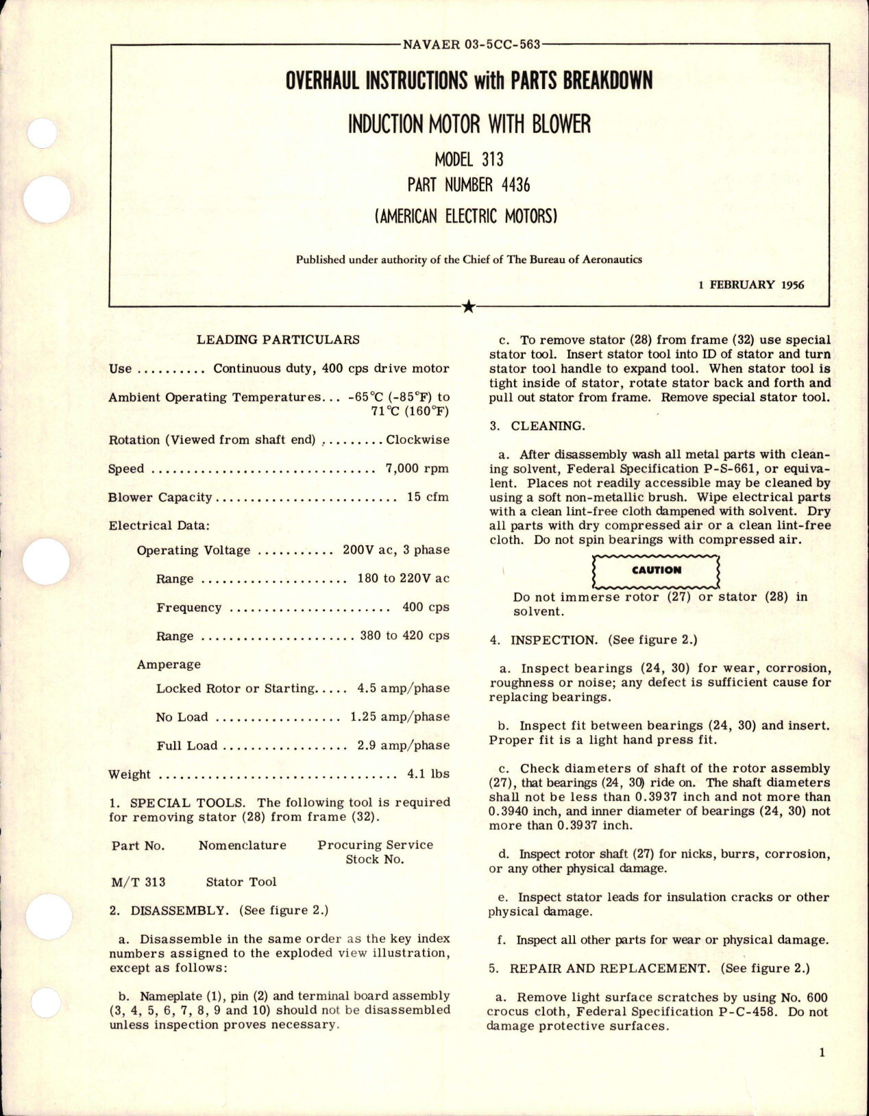 Sample page 1 from AirCorps Library document: Overhaul Instructions with Parts Breakdown for Induction Motor with Blower - Model 313, Part 4436