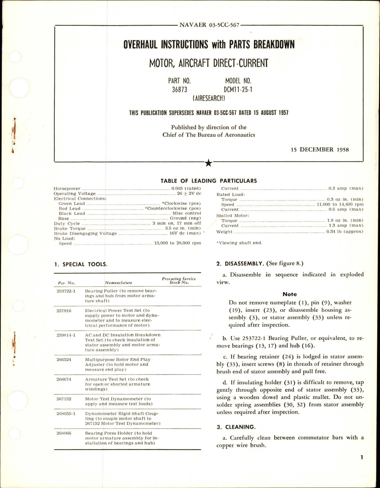 Sample page 1 from AirCorps Library document: Overhaul Instructions with Parts Breakdown for Direct Current Motor - Part 36873 - Model DCM11-25-1