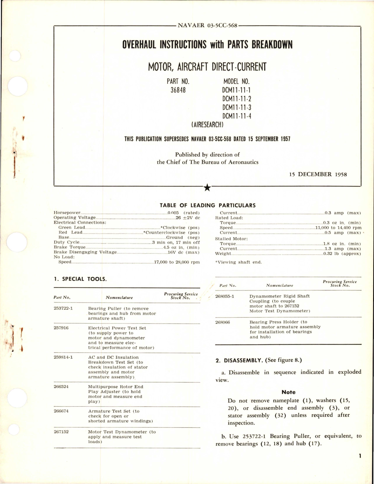 Sample page 1 from AirCorps Library document: Overhaul Instructions with Parts Breakdown for Direct Current Motor - Part 36848