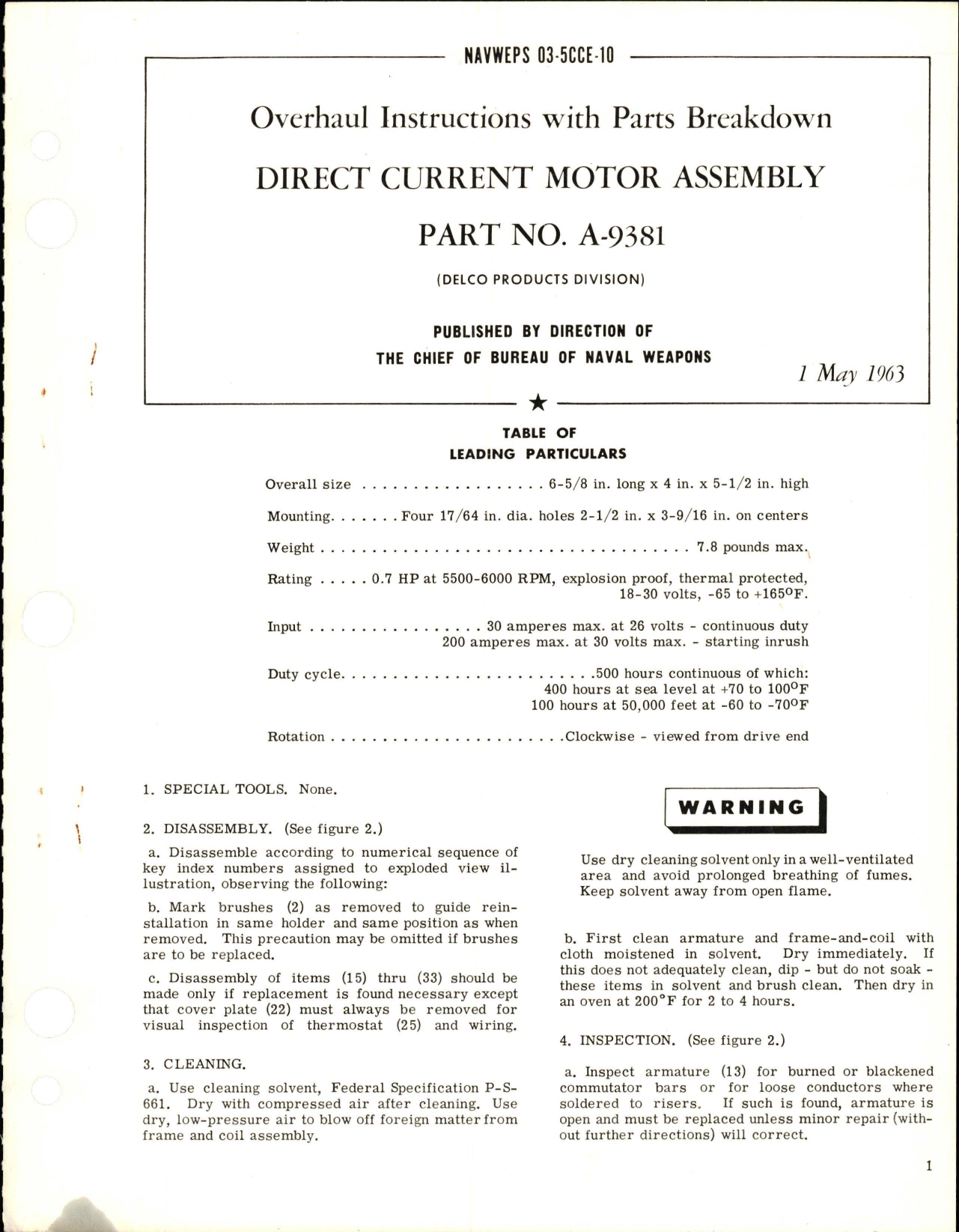 Sample page 1 from AirCorps Library document: Overhaul Instructions with Parts Breakdown for Direct Current Motor Assembly - Part A-9381