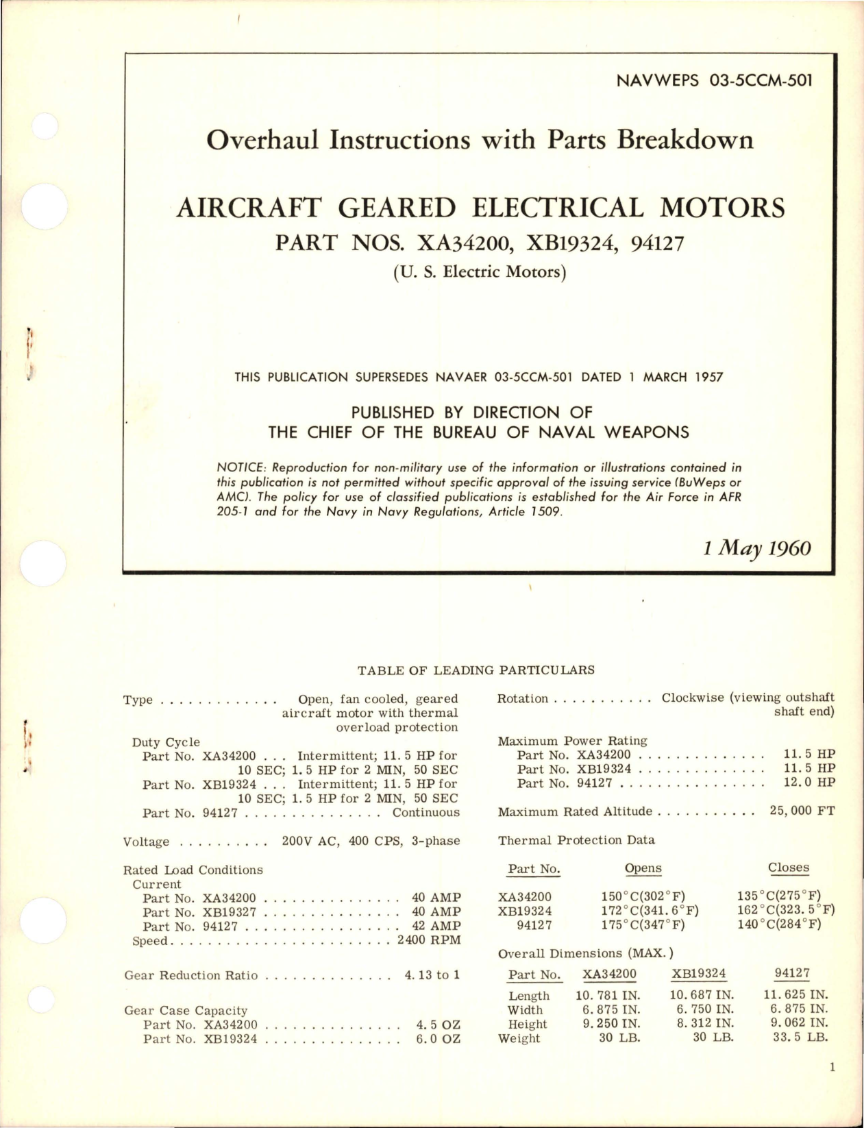 Sample page 1 from AirCorps Library document: Overhaul Instructions with Parts Breakdown for Geared Electrical Motors - Parts XA34200, XB19324, and 94127