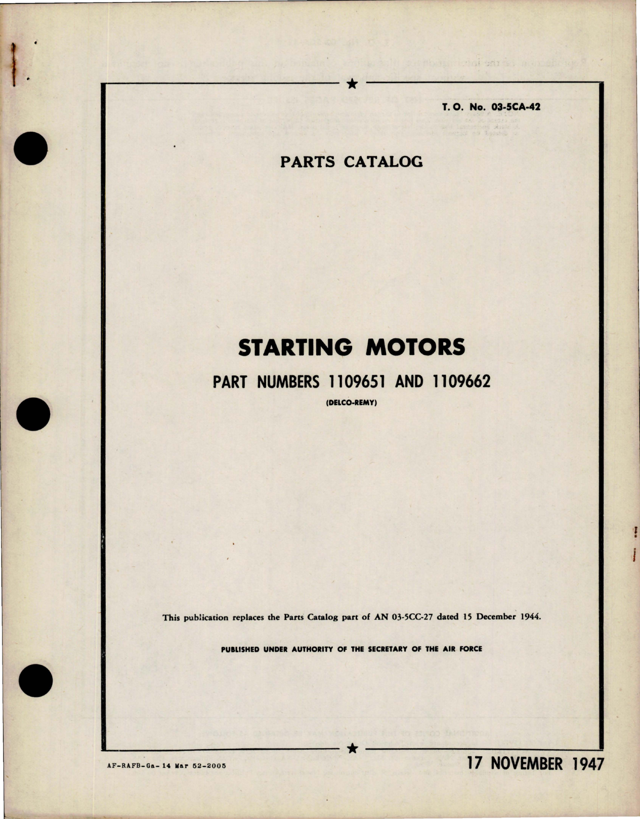 Sample page 1 from AirCorps Library document: Parts Catalog for Starting Motors - Parts 1109651 and 1109662 