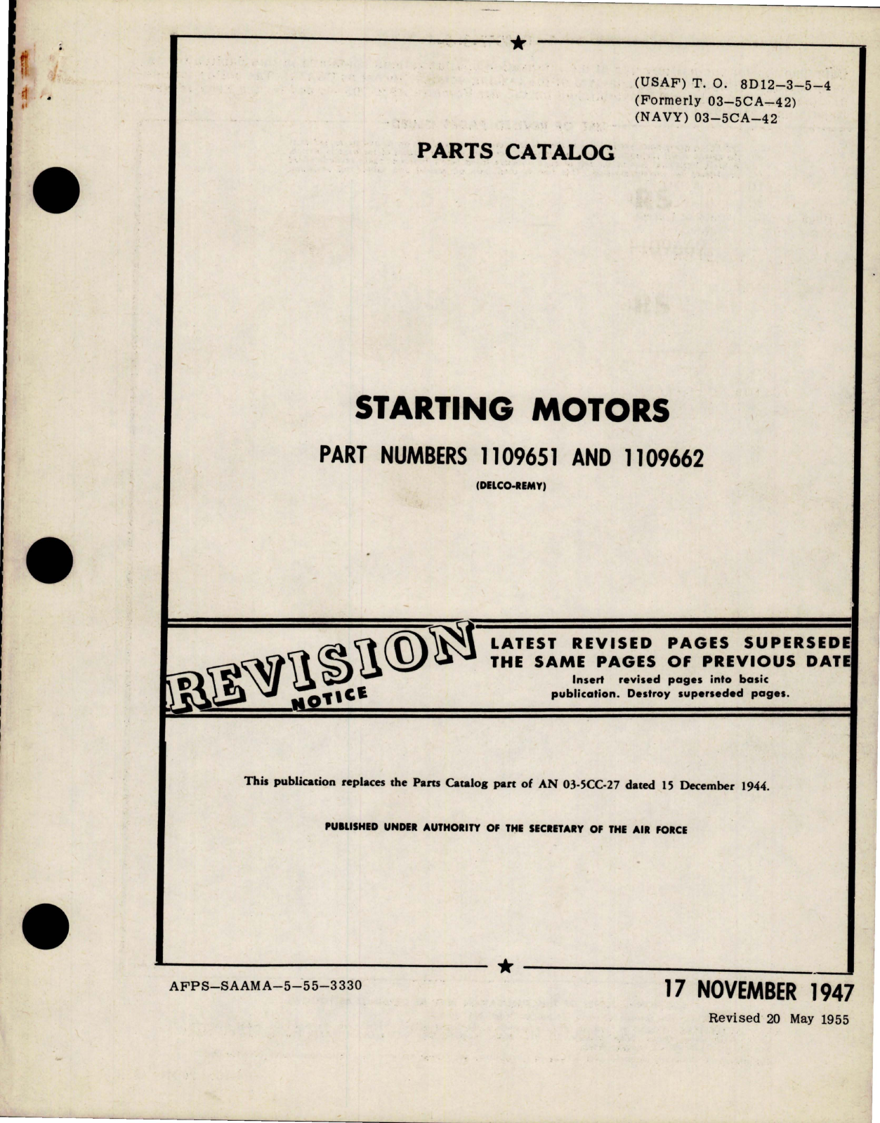 Sample page 1 from AirCorps Library document: Parts Catalog for Starting Motors - Parts 1109651 and 1109662 