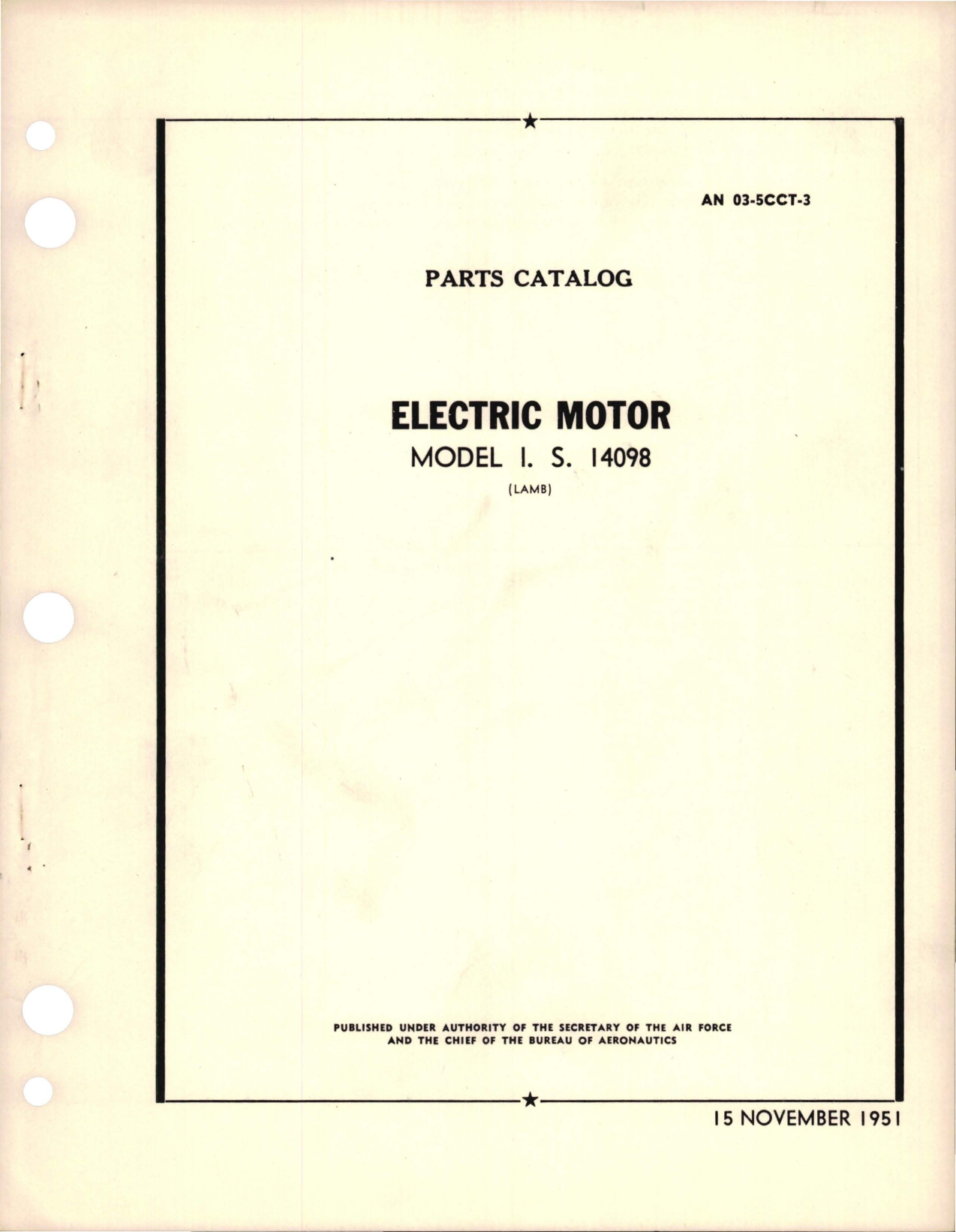 Sample page 1 from AirCorps Library document: Parts Catalog for Electric Motor - Model I.S. 14098